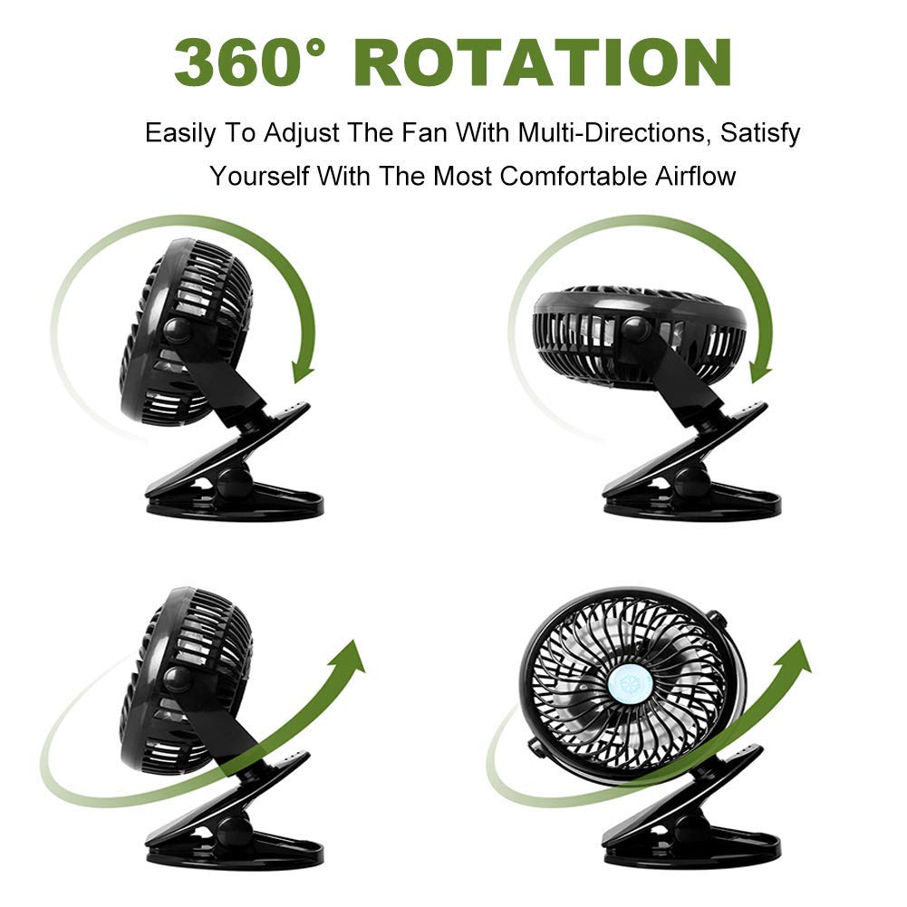 JoySusie Portable Rechargeable Desk Fan - 2600mAh Battery Powered, Mini Clip on Stroller Fan for Baby, Car Seat, Gym, Office & Travel | Handheld Personal Fan for Indoor & Outdoor Use - Black