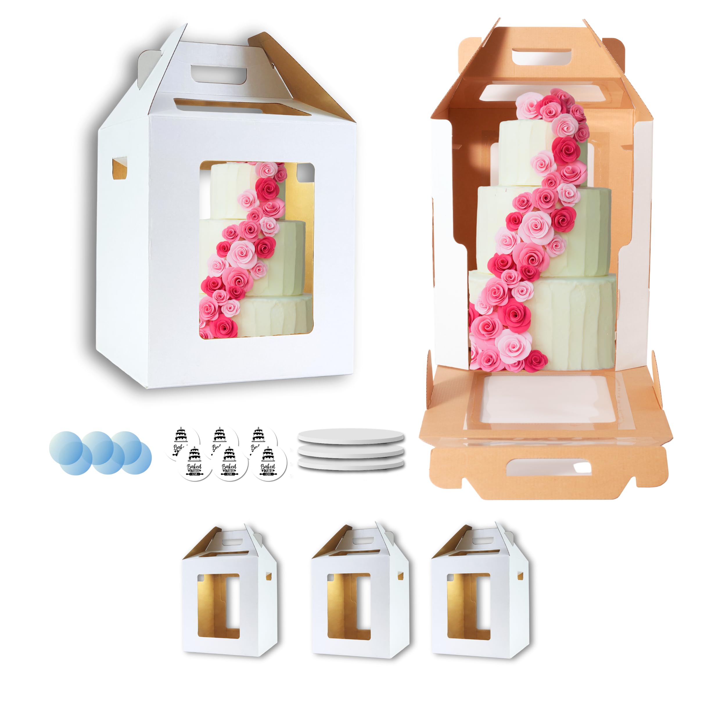 BOOMBE 12x12x14 Inch Tall Cake Boxes with Lids & Handles - 6 Pack White Bakery Boxes with Window for Layer Cakes - Perfect for Wedding Cakes, Birthday Cakes & Professional Baking Display
