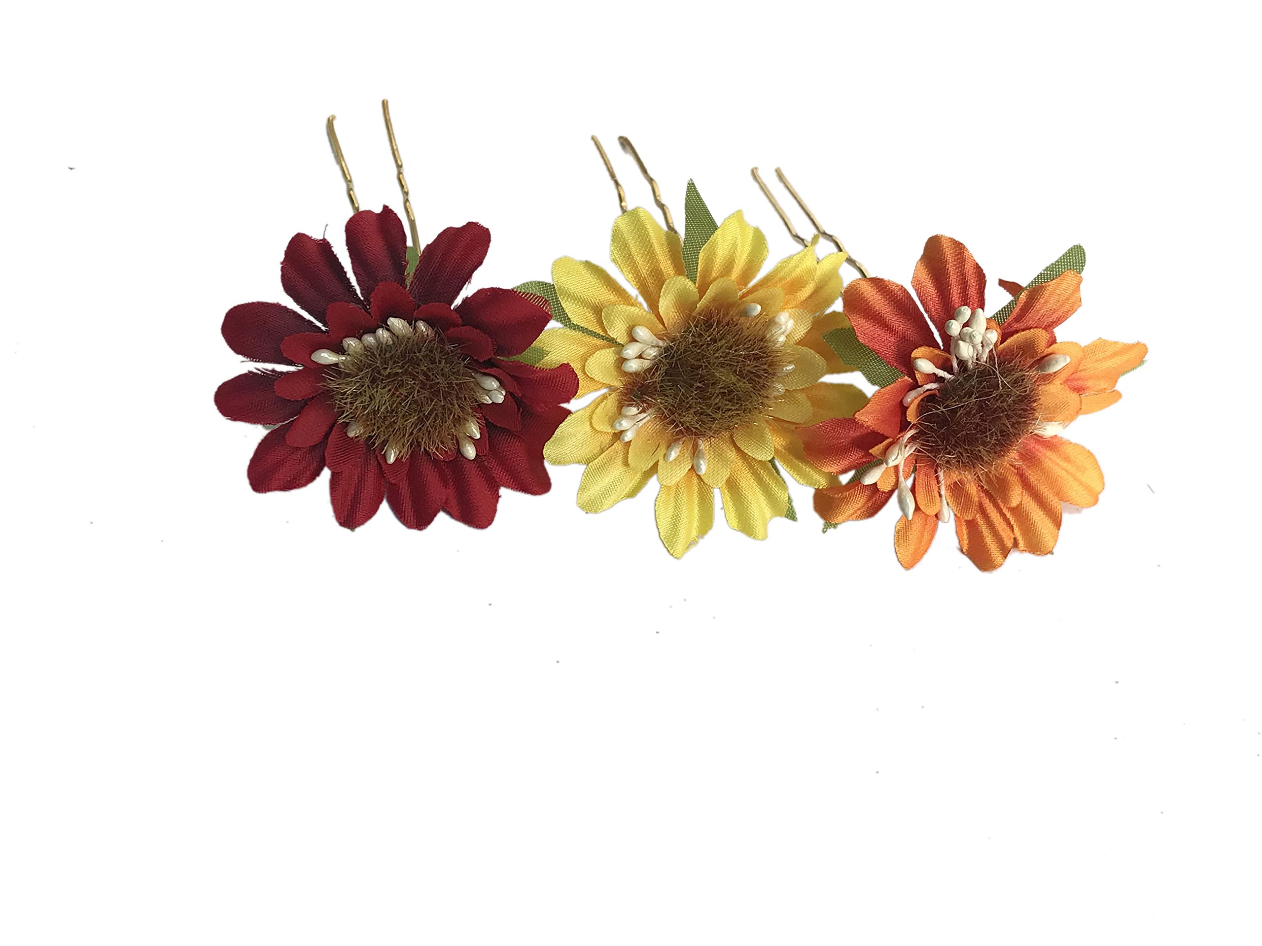 Arooman™ 3-Piece Flower Hair Pins Set - Stylish Hair Bun & Gajra Accessories for Women & Girls (Orange, Yellow) - Perfect for Weddings, Parties & Daily Hairstyling