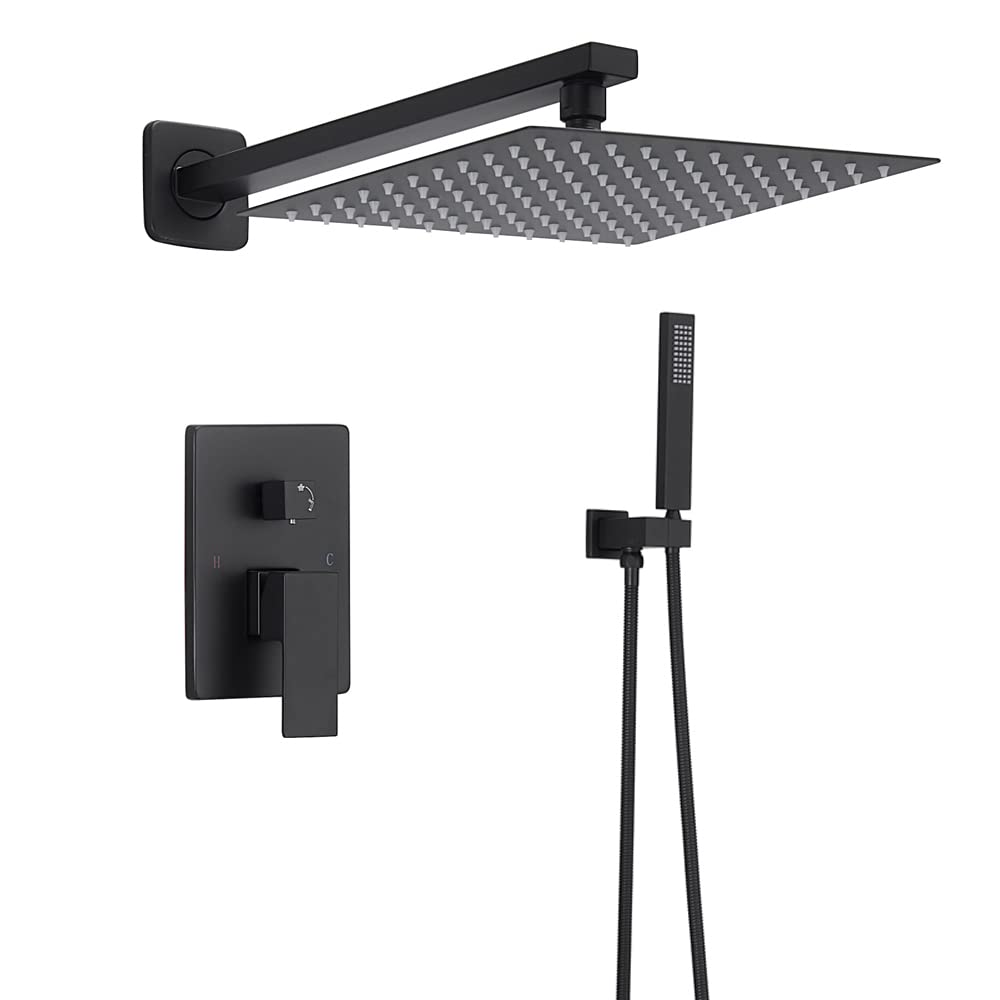 Square Rainfall Shower Head and Handheld Spray Combo - Matte Black Bathroom Shower System with Mixer Valve Trim Kit - Perfect for Modern Home Spa Experience and Relaxing Rainfall Shower