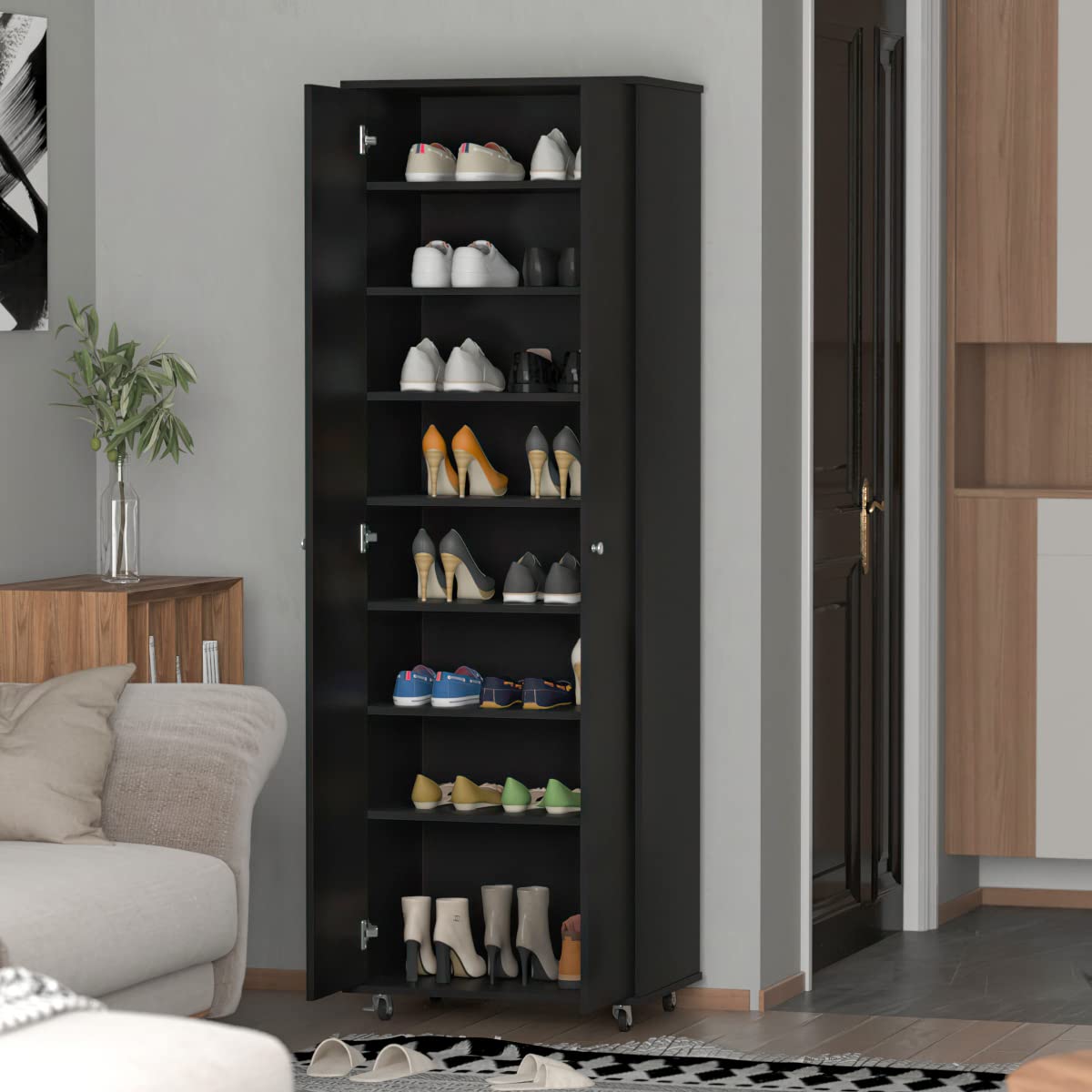 AIEGLE 8-Tier Tall Shoe Rack with Doors & Wheels - Wooden Entryway Shoe Cabinet Organizer, Black (23.6