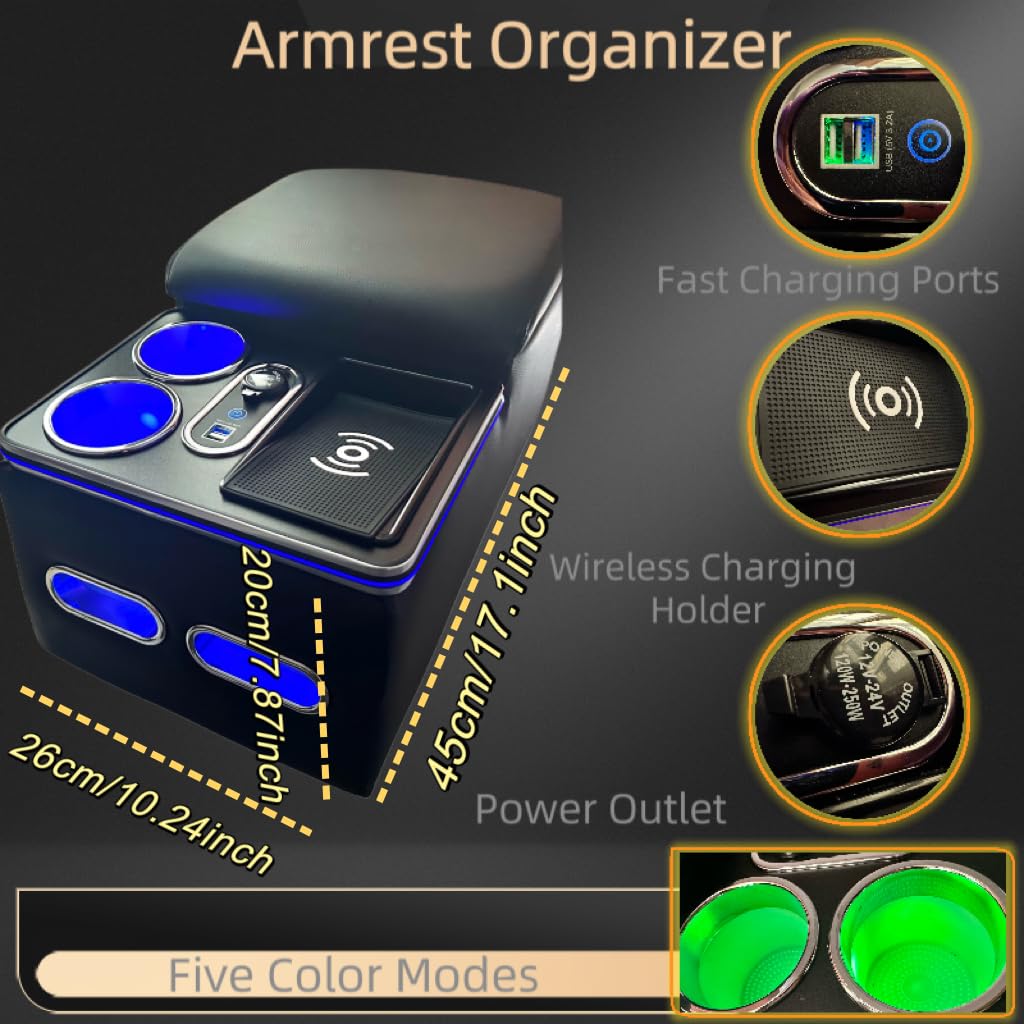 Car Center Console Organizer with Wireless Charging Phone Holder & Cup Holders - Universal Storage Box for Minivan, Truck & SUV - Black | Perfect for Road Trips & Daily Commutes