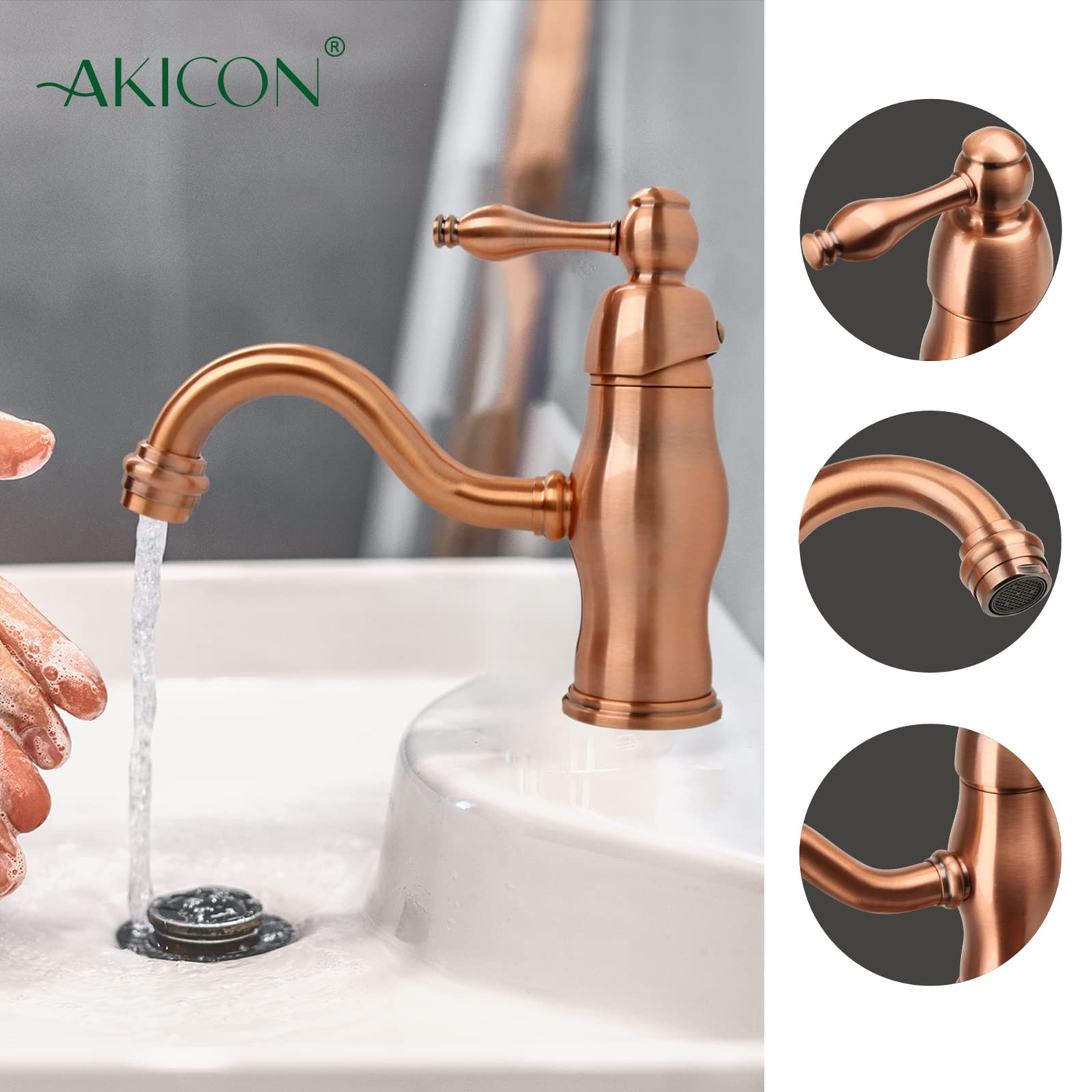 Akicon Single Hole Copper Bathroom Sink Faucet - 1-Handle Modern Basin Faucet for Bathroom Vanity & Powder Room (Oil Rubbed Bronze Finish) - Perfect for Home Renovation & Luxury Hotel Upgrades