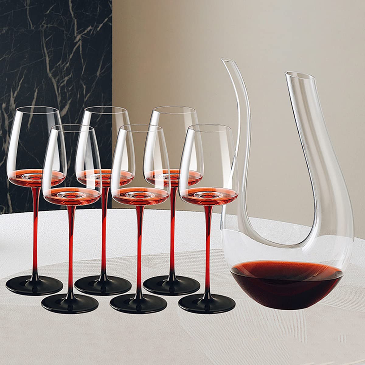Premium Hand Blown Crystal Champagne Flutes & Wine Decanter Set - 35oz Aerator Decanter with 6 Elegant 12oz Stemware Glasses for Sparkling Wine, Wedding, Anniversary Gifts & Dinner Parties (Clear)