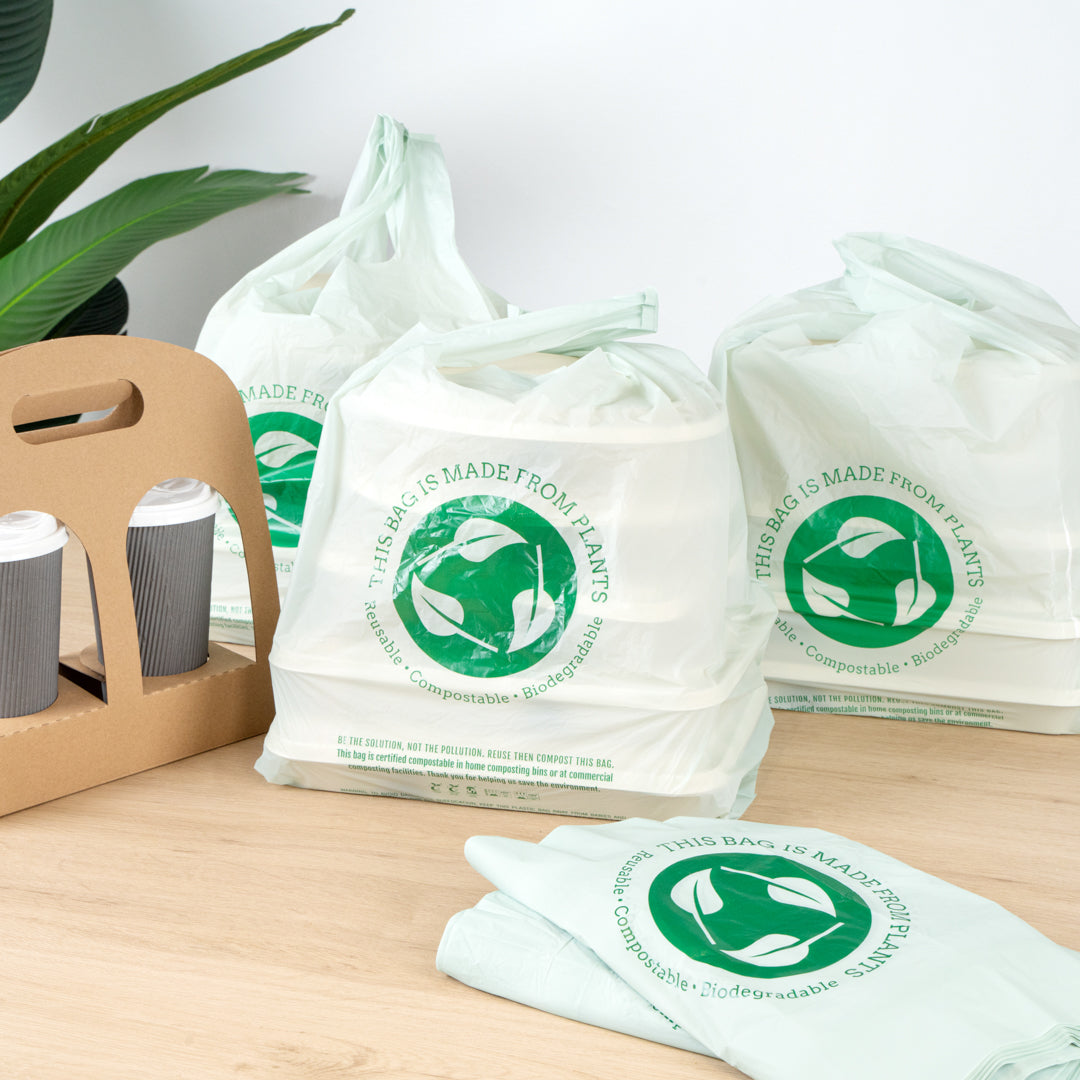 Eco-Friendly Compostable Green Plastic T-Shirt Bags - 12