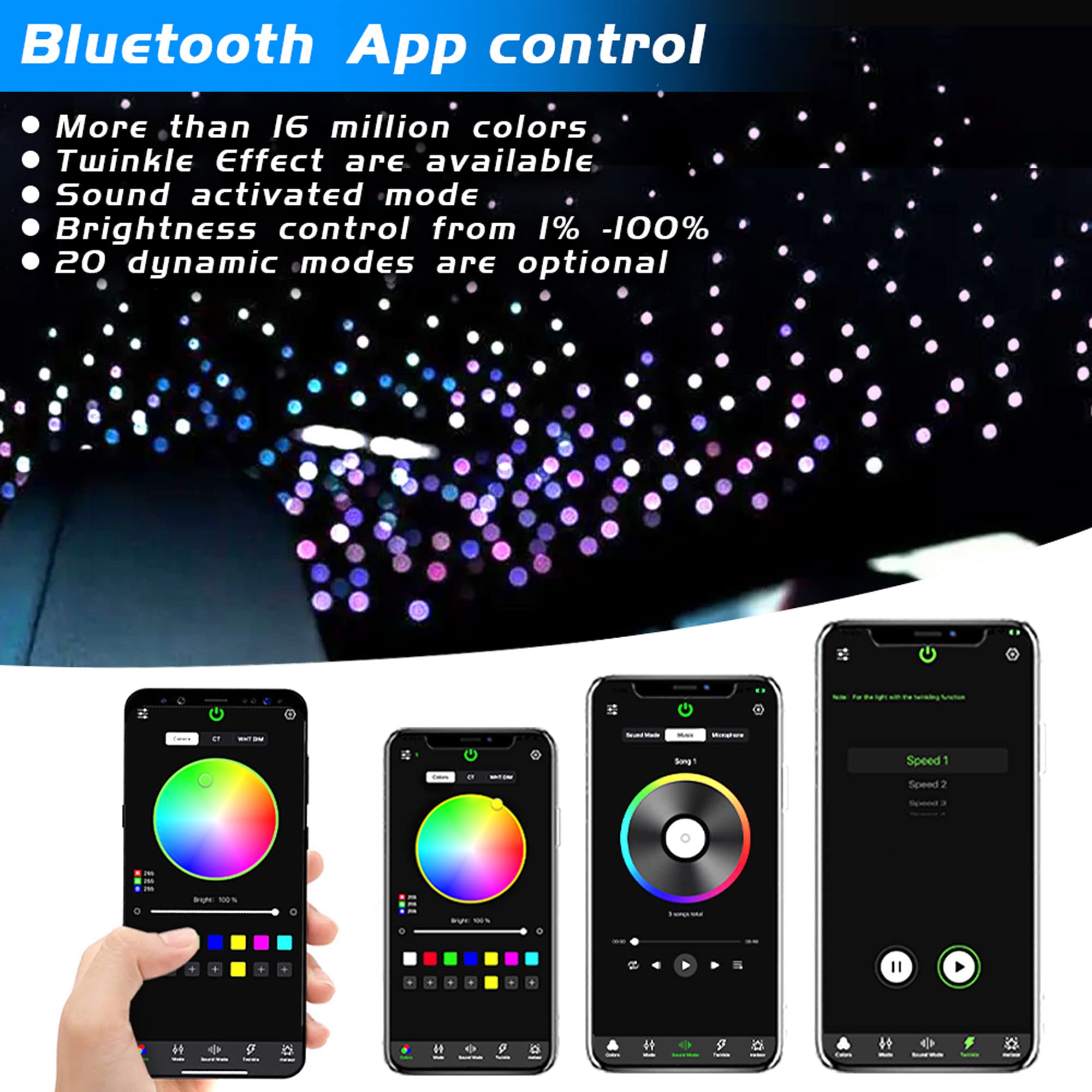Starlight Headliner Kit - 16W Fiber Optic Car Ceiling Lights with 550pcs 0.03in Twinkle Stars & 13.1ft Cable - APP/RF Remote Control for Car Roof Decor, Bedroom, Party & Romantic Atmosphere