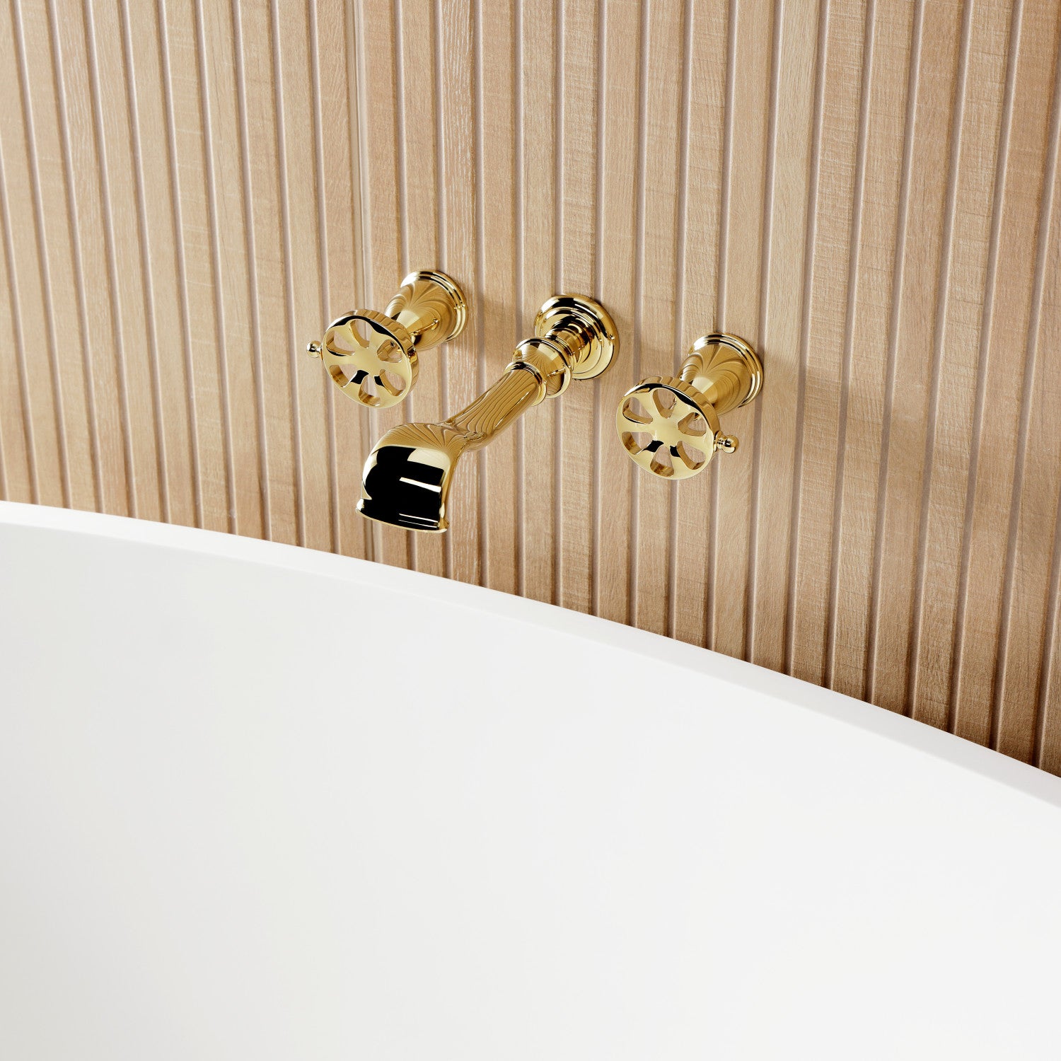 Belknap KS5022RX 3-Hole Wall Mount Roman Tub Faucet with Two Handles - Polished Brass Finish for Bathroom & Spa - Perfect for Freestanding Tubs, Luxury Bathrooms & Home Renovations