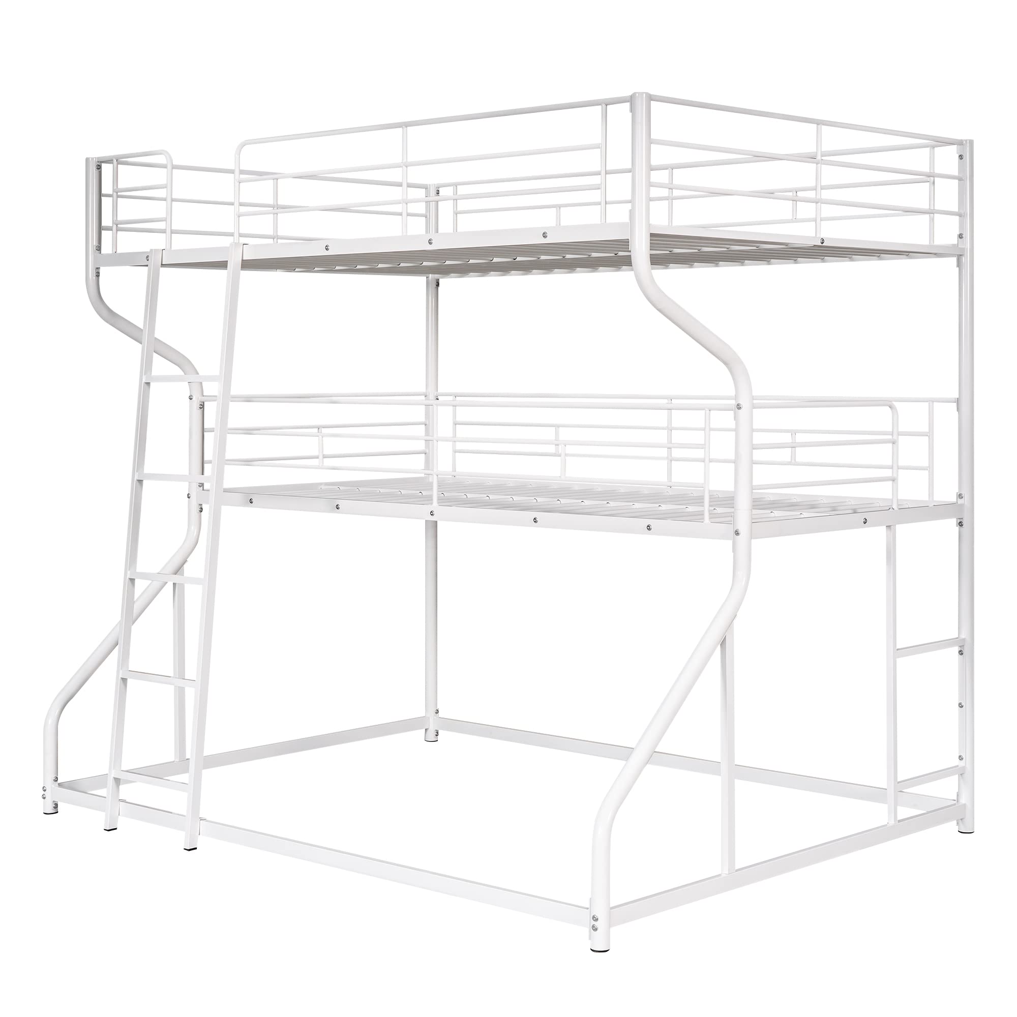 Sturdy Triple Bunk Bed Frame - Full XL Over Twin XL Over Queen Metal Bunk Bed with Ladder & Safety Rails for Kids, Teens & Adults | Space-Saving Bedroom & Dorm Furniture for Shared Rooms (White)