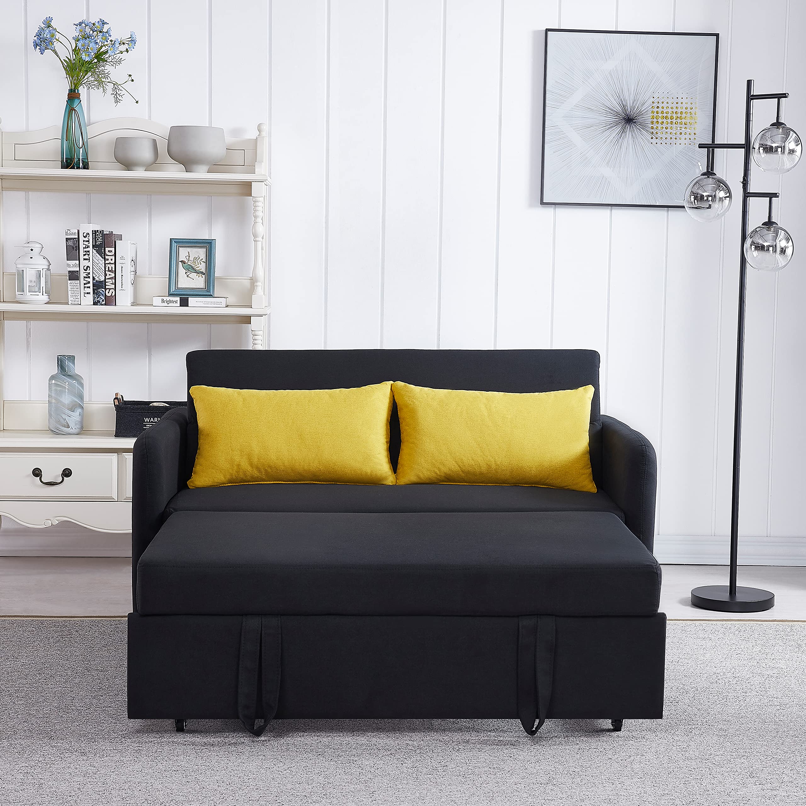 Kevinplus Convertible Sofa Bed with USB Charging Port - Pull-Out Twin Sleeper Sofa & Lounge Chaise with Side Pocket - Space-Saving Multi-Functional Furniture for Small Apartments, Living Room & Guest Bedroom - Black