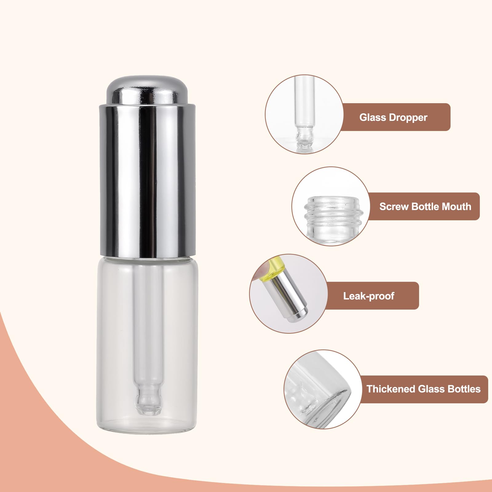Ellbest 8Pcs 10ml Clear Press Dropper Bottles with Silver Cap - Empty Refillable Essential Oil Vials, Perfume & Cosmetic Containers for DIY, Travel, Aromatherapy & Beauty Storage