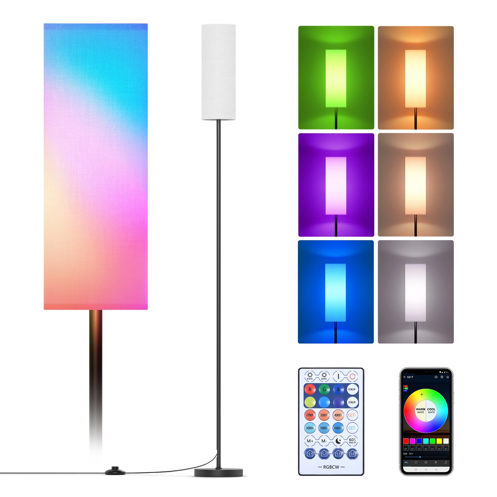 Lithomy Modern RGB LED Floor Lamp with App & Remote Control - Adjustable Standing Lamp for Living Room, Bedroom, Office - White Shade Reading Light for Home Decor, Gaming & Relaxation