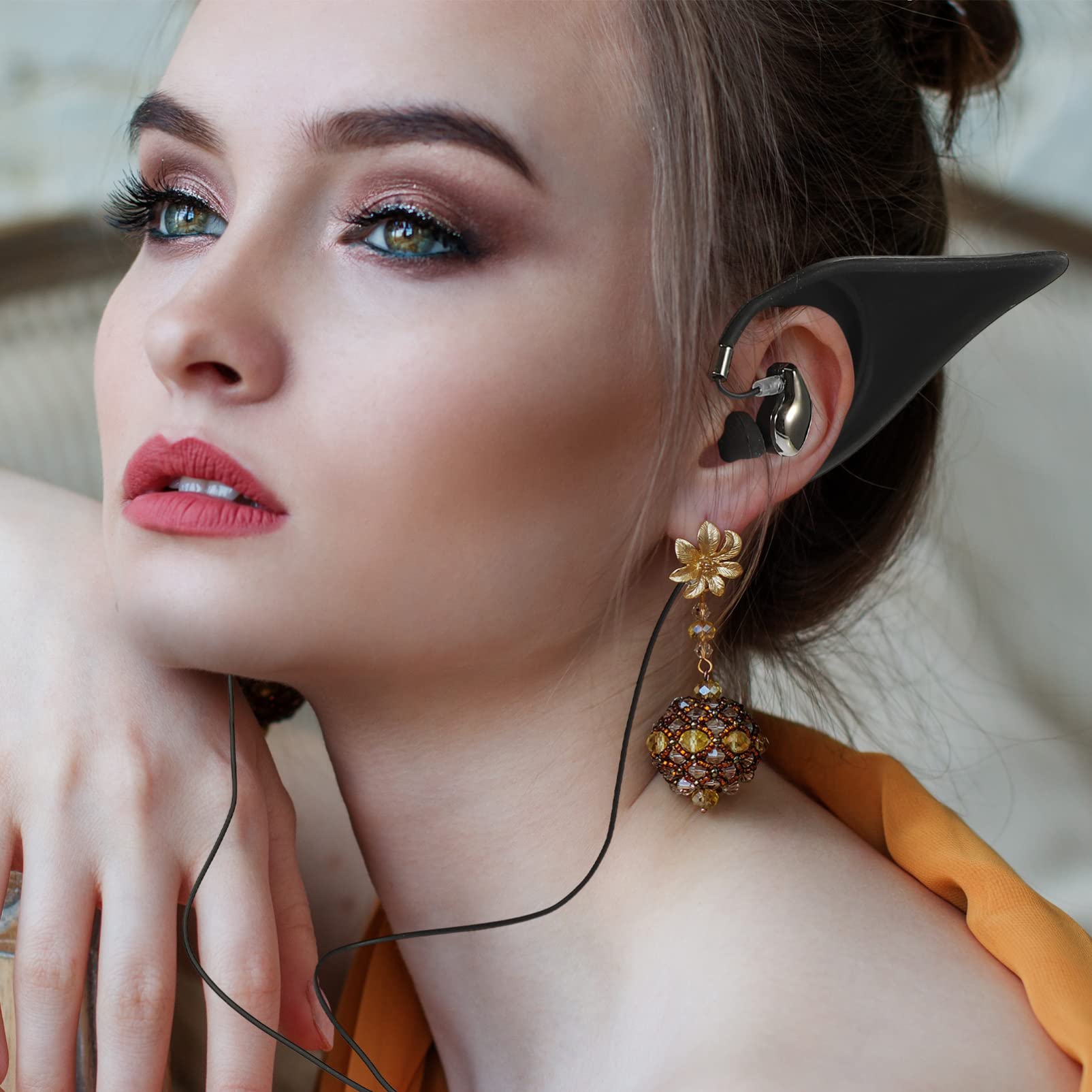 Wireless Elf Earbuds with Microphone - In-Ear Headphones for Cosplay & Fantasy Costume Accessories (Black) - Perfect for Anime Conventions, Halloween & Role Playing