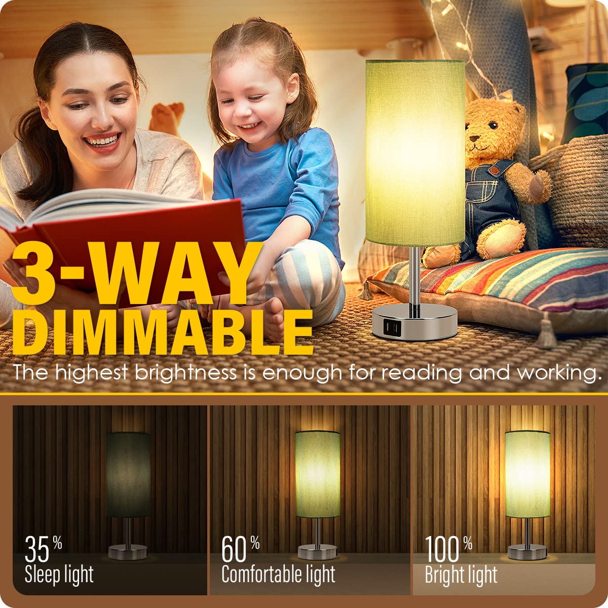 Yarra-Decor Modern Bedside Lamp with USB Charging Port - 3-Way Dimmable Touch Control Nightstand Lamp with Round Denim Fabric Shade, LED Bulb Included for Bedroom, Living Room, Dorm & Home Office - Perfect for Reading, Working & Creating Cozy Ambiance
