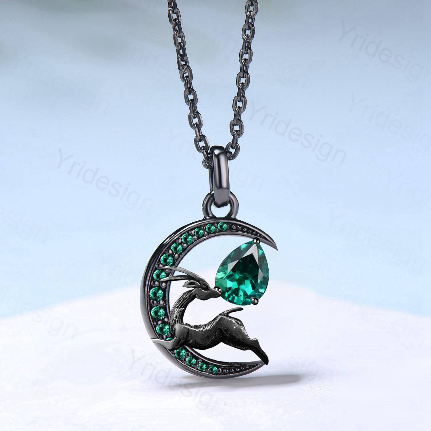 Black Gold Deer in Deep Forest Necklace with Magic Crescent Moon & Emerald Pendant - Gothic Jewelry for Women, Unique Anniversary Gift for Her - Perfect for Date Nights, Parties & Special Occasions