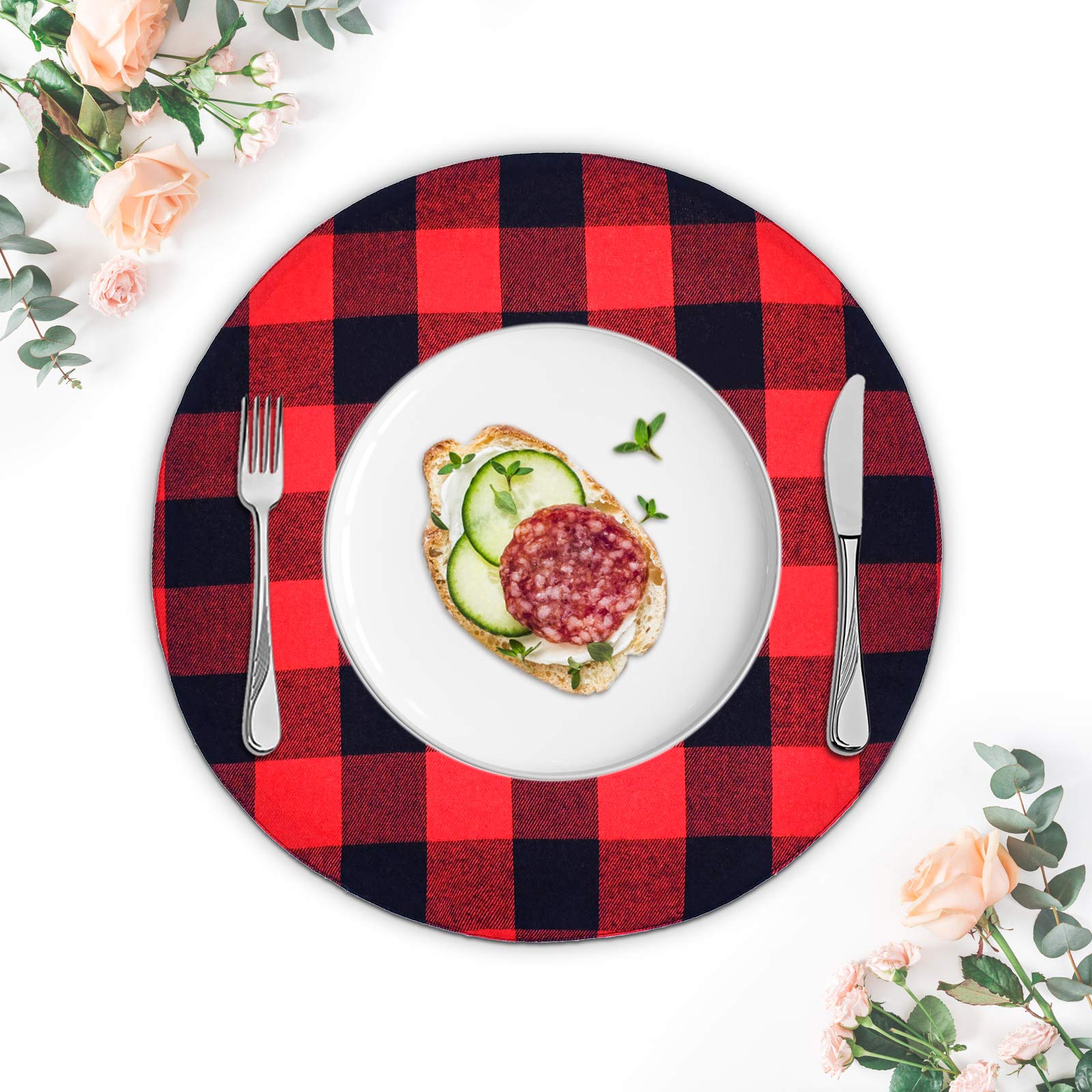 Senneny 6-Piece Round Placemats Set - Reversible Cotton Burlap Buffalo Plaid Placemats in Red & Black - Farmhouse Style Dining Table Mats for Round Tables - Perfect for Holiday Dinners, Rustic Weddings & Cozy Kitchen Decor