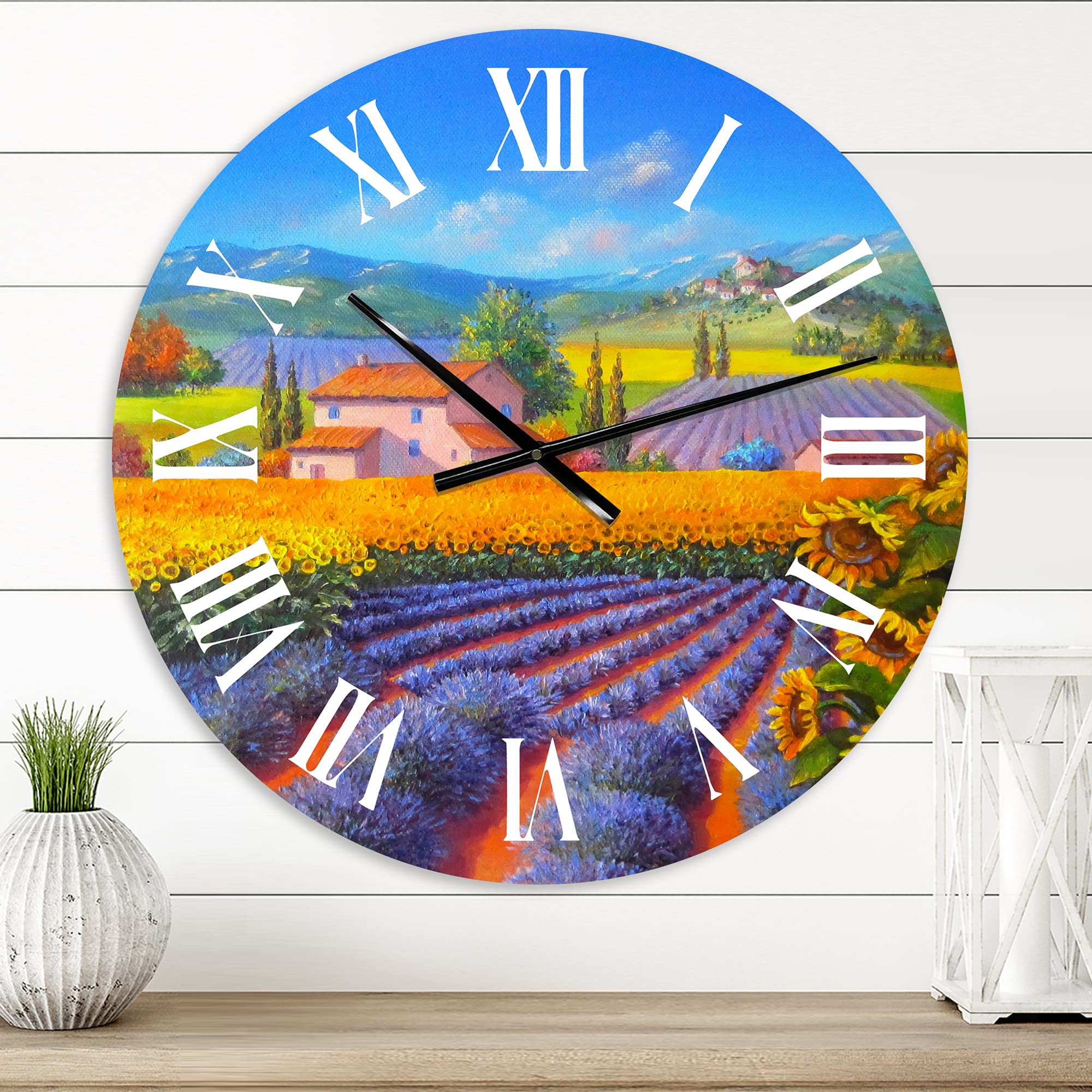 Lavender and Sunflower Fields Wall Clock - Large Traditional Wall Clock with Nature Landscape Design for Home, Office, Living Room, Bedroom Decor | Perfect for Farmhouse, Rustic, Vintage Style Interiors