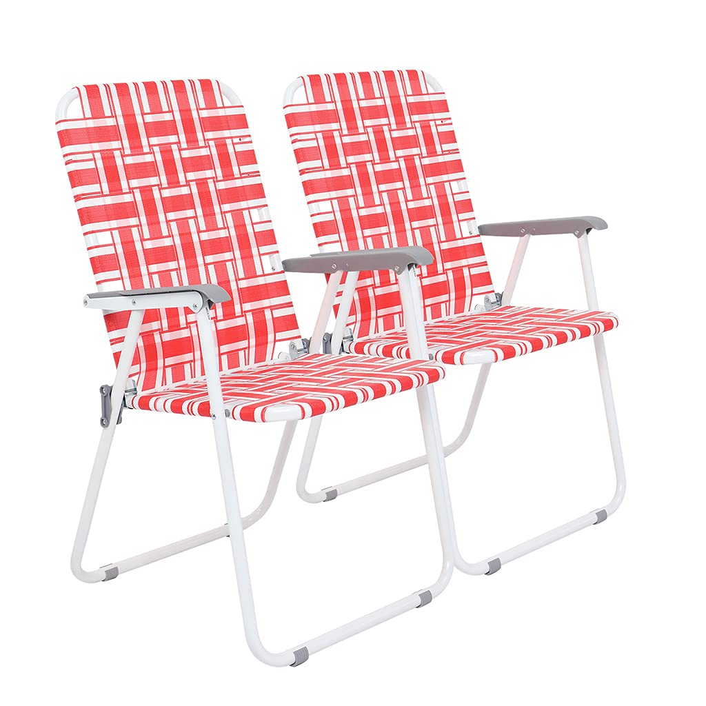 2 Pack Lightweight Folding Webbed Lawn Chairs - Portable Outdoor Patio, Beach & Camping Chairs with Reclining Feature - Perfect for Backyard, Garden, Poolside & Picnic (Red)