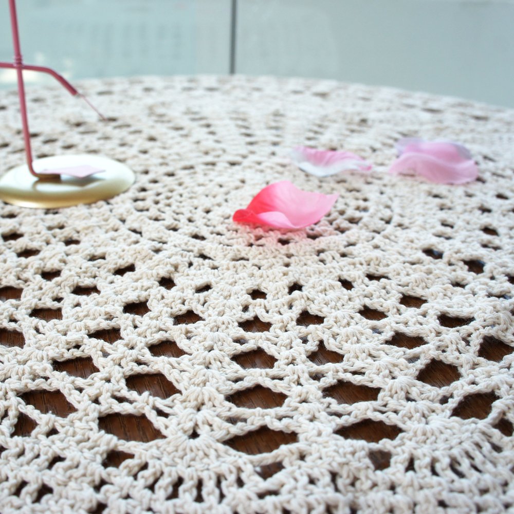 USTIDE 48-inch Handmade Crochet Cotton Round Tablecloth - Beige Lace Table Cover for Wedding, Dining Room, Party Decor & Special Occasions