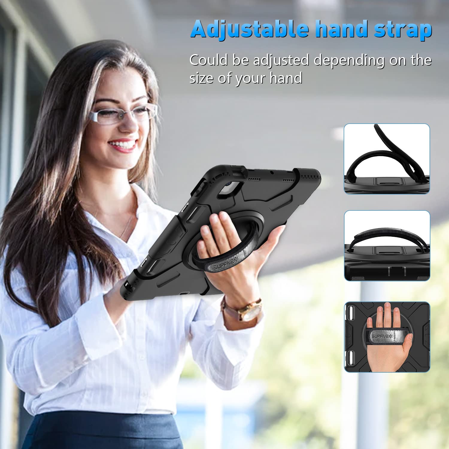 SUPFIVES Military Grade Protective Case for iPad Air 5th Generation 10.9 Inch (2022) & iPad Air 4th Gen/iPad Pro 11 - Shockproof Silicone Cover with Pencil Holder, Rotating Stand, Handle & Shoulder Strap (Black) - Perfect for Travel, Work & School Use