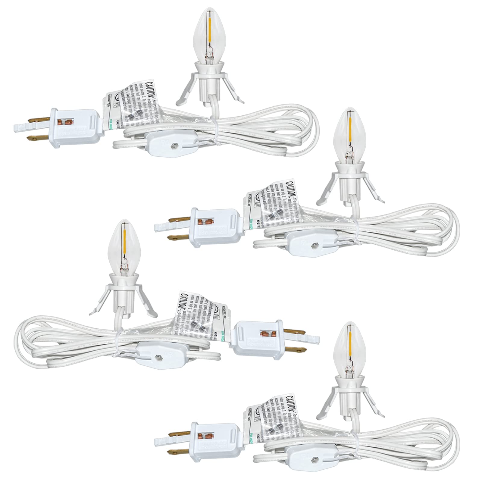 4-Pack LED Clip Lights with 6Ft Cord & On/Off Switch - 8 C7 Bulbs Included (4 Spare) - White Craft Lighting for Halloween, Christmas Village, DIY Home Decor & Party Displays
