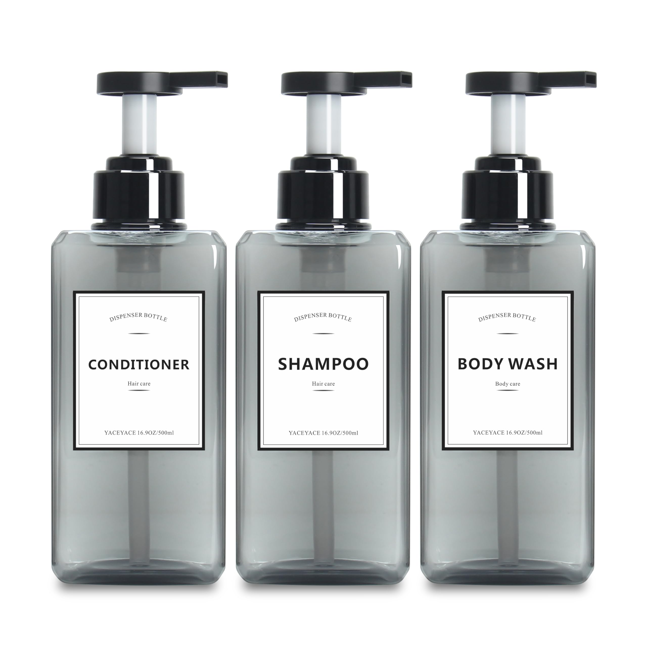YACEYACE 16.9oz Clear Grey Soap Dispenser Set of 3 - Refillable Kitchen & Bathroom Pump Bottles for Liquid Soap, Shampoo & Lotion - Perfect for Countertop Organization & Home Decor
