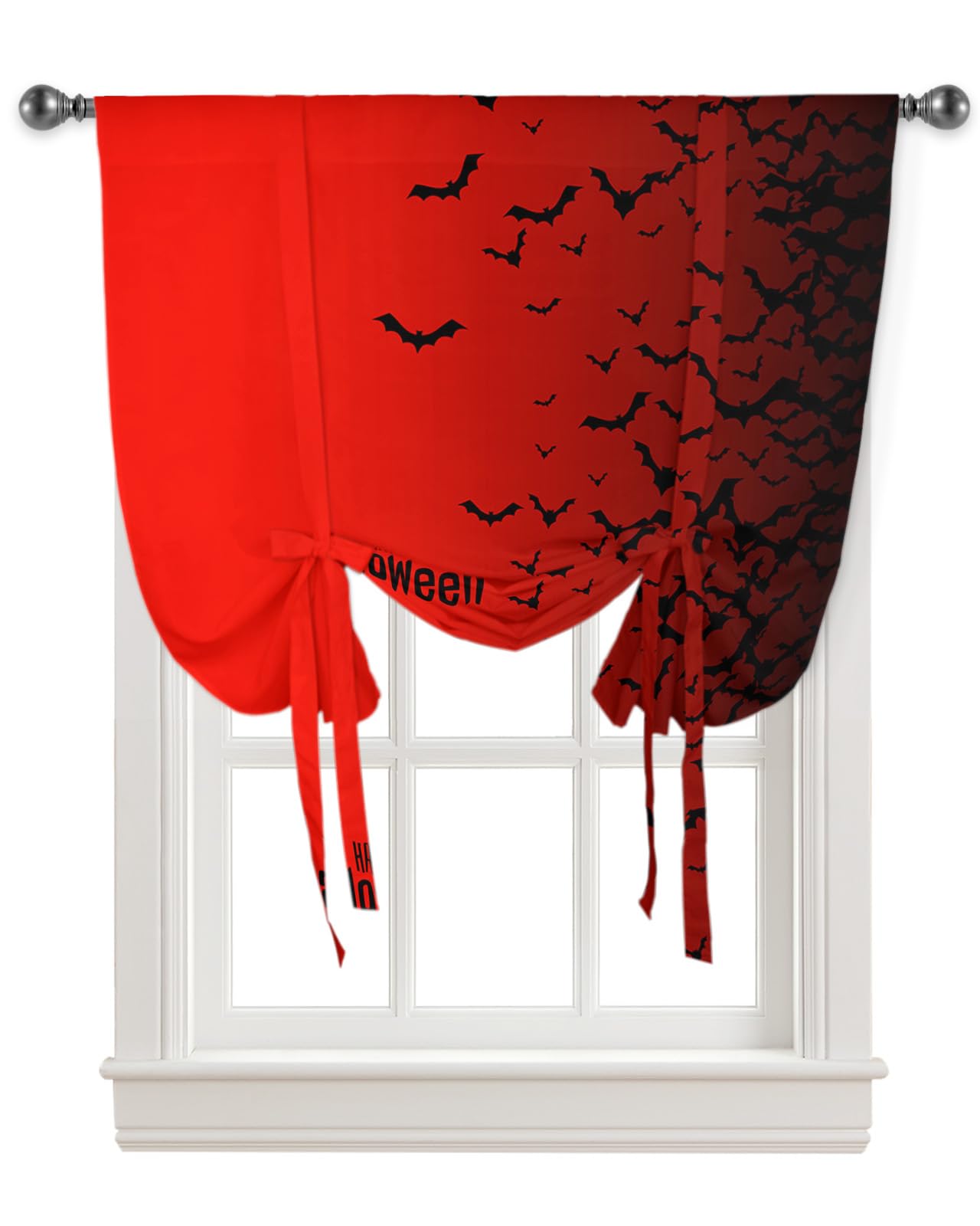 Happy Halloween Kitchen Window Curtains - Black Bats & Red Gradient Balloon Shade with Rod Pocket, 42