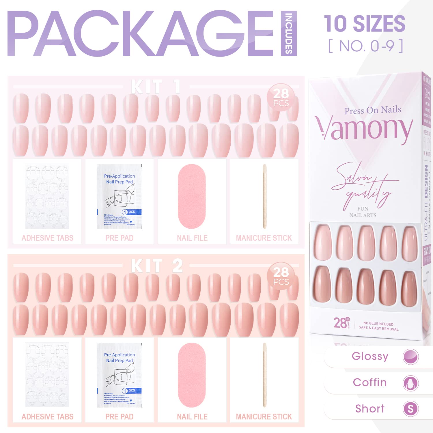 Short Coffin Press On Nails Kit - 56Pcs Fake Nails with Solid Colors (2 Sets), Acrylic Stick On Nails for Women, Nude Salmon Manicure Set - Perfect for Parties, Weddings & Everyday Wear
