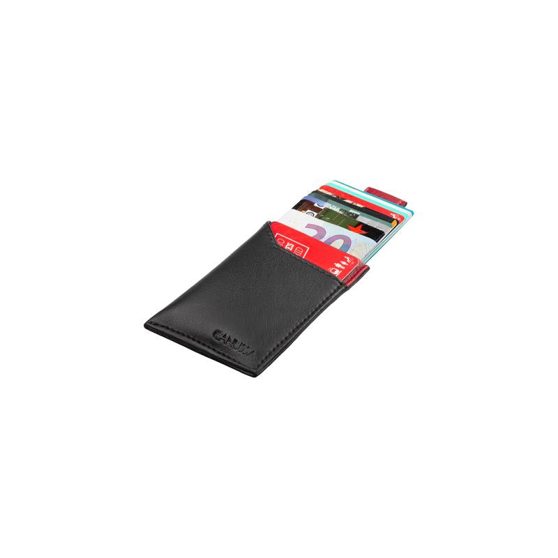 Premium Leather Cardholder Wallet - Slim RFID Blocking ID & Credit Card Holder for Men & Women - Perfect for Travel, Business & Everyday Use (Black/Red, Canussa Brand)