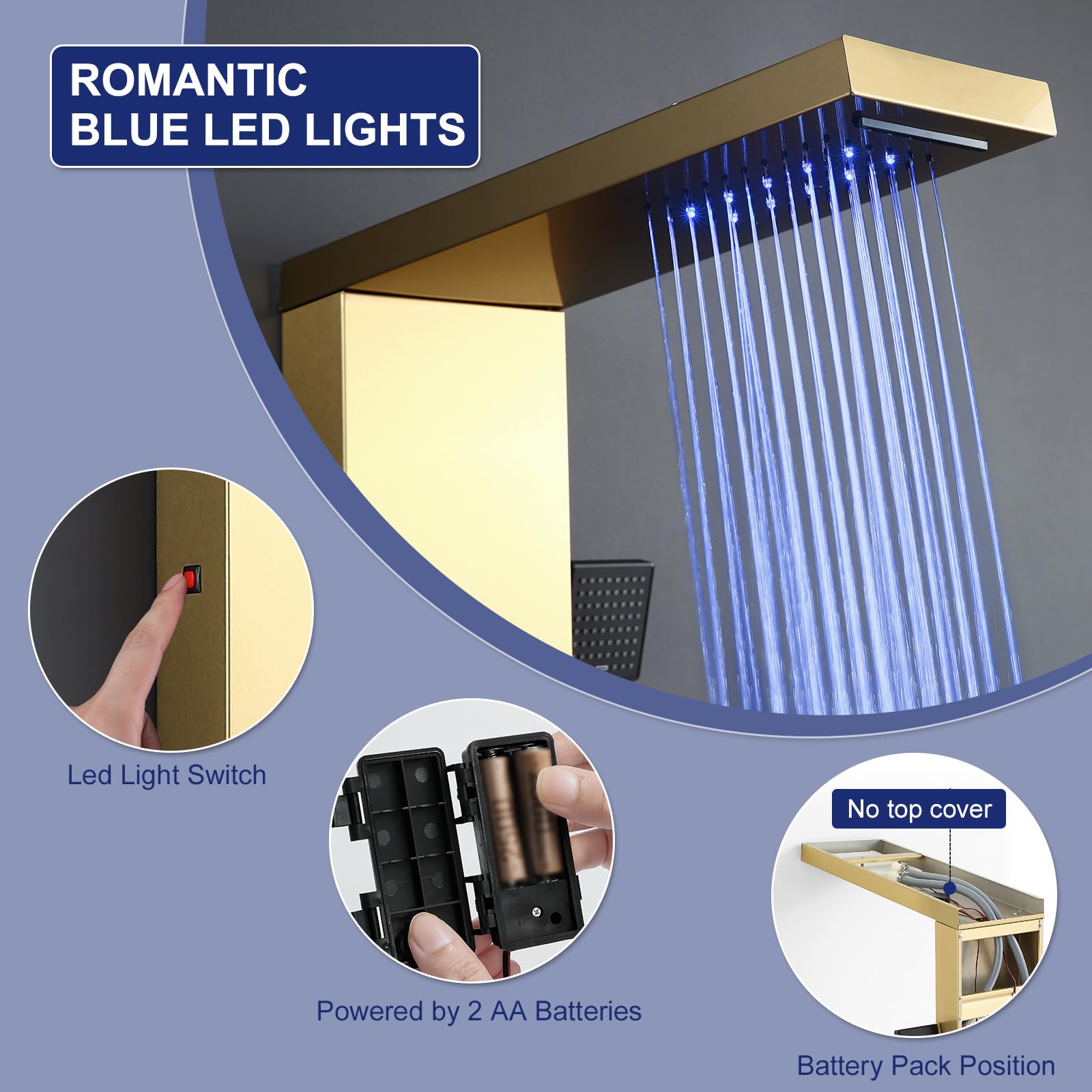 ROVATE 5-in-1 Stainless Steel Shower Panel Tower System - Brushed Gold LED Rainfall Shower with Waterfall, Massage Jets & Handheld Sprayer - High Pressure Bathroom Shower Column with Tub Spout for Luxurious Spa Experience at Home