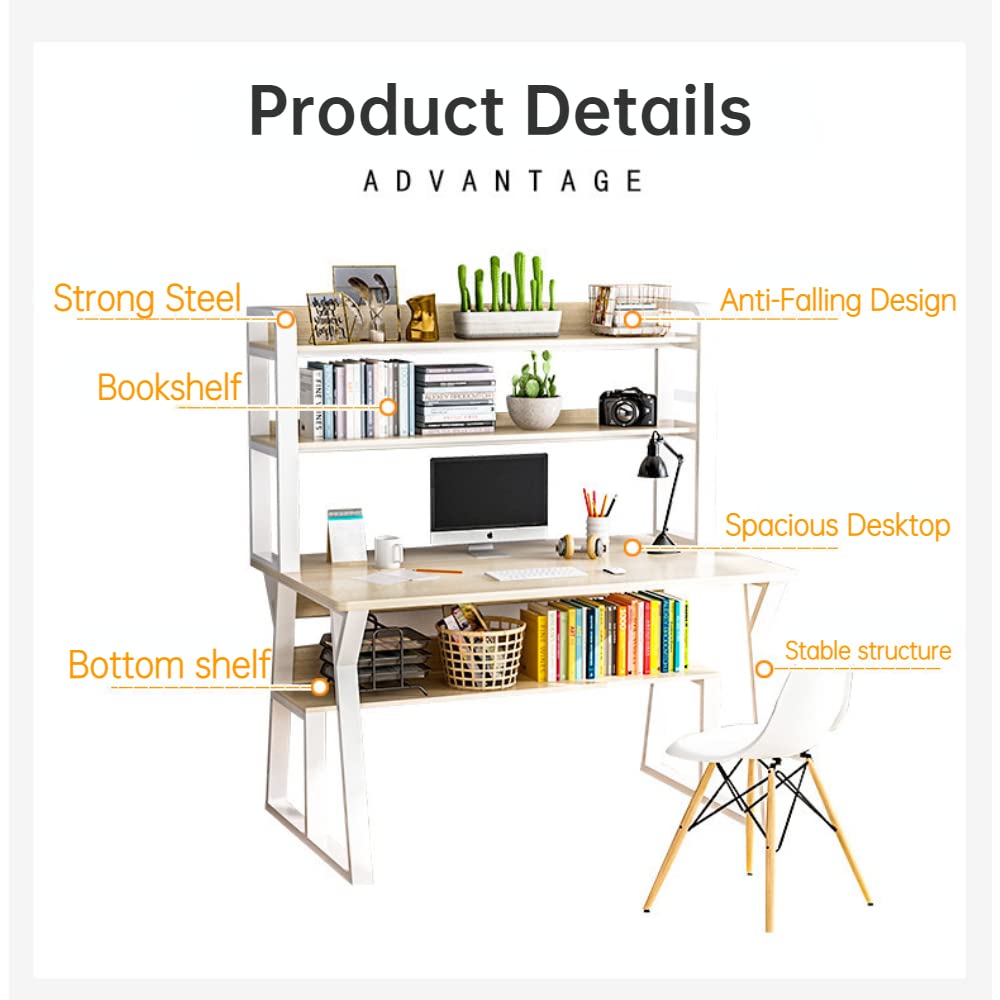 White Modern Computer Desk with Hutch & Bookshelf - 47.3