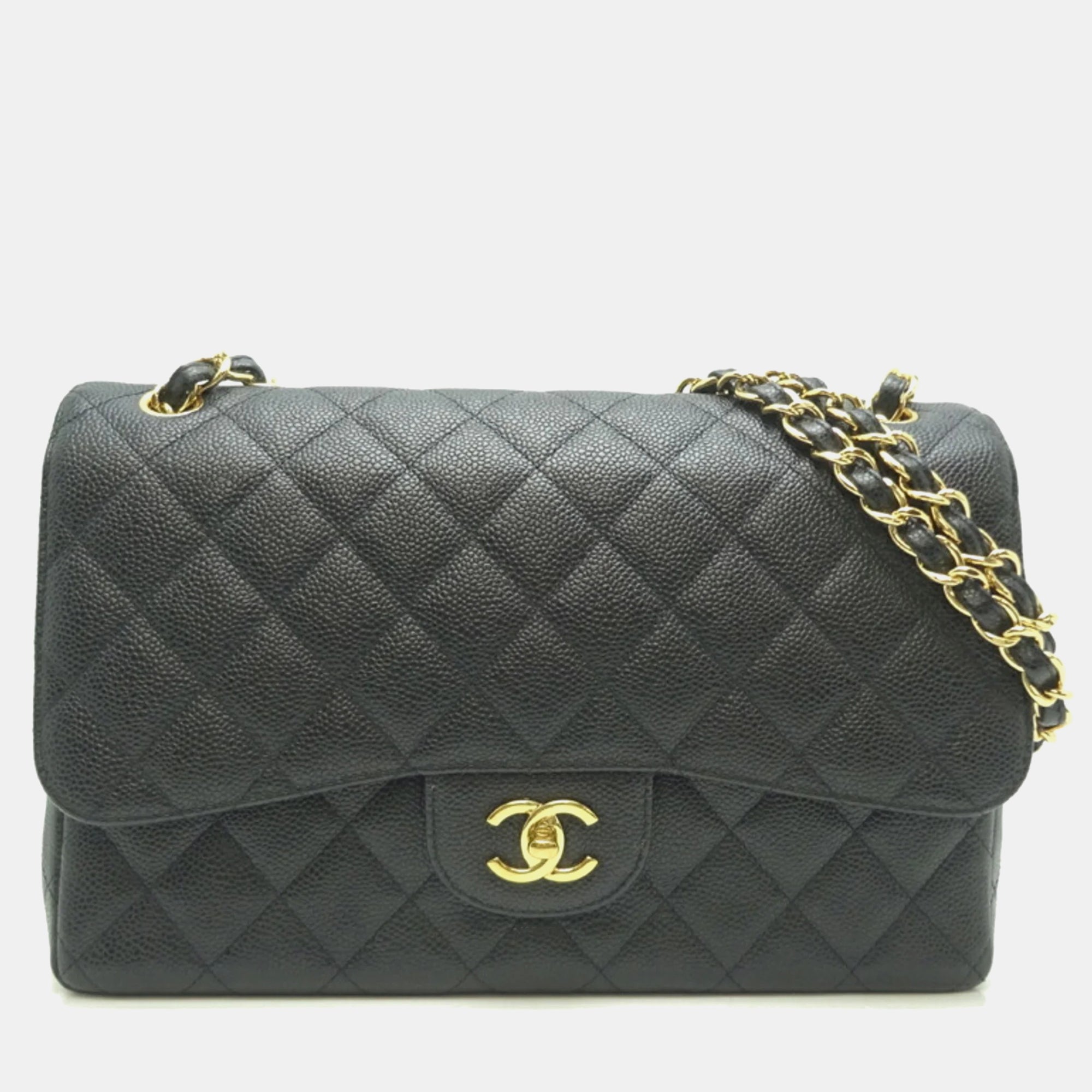 Luxury Black Caviar Leather Jumbo Classic Double Flap Shoulder Bag for Women - Elegant Designer Handbag for Work, Evening Events & Travel Accessories
