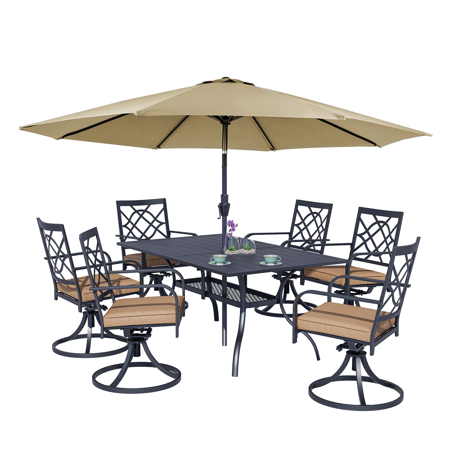 Oakcloud 7-Piece Metal Outdoor Patio Dining Set - Brown Umbrella, 6 Swivel Chairs & Rectangle Table with Umbrella Hole - Perfect for Backyard BBQs, Poolside Gatherings & Garden Entertaining