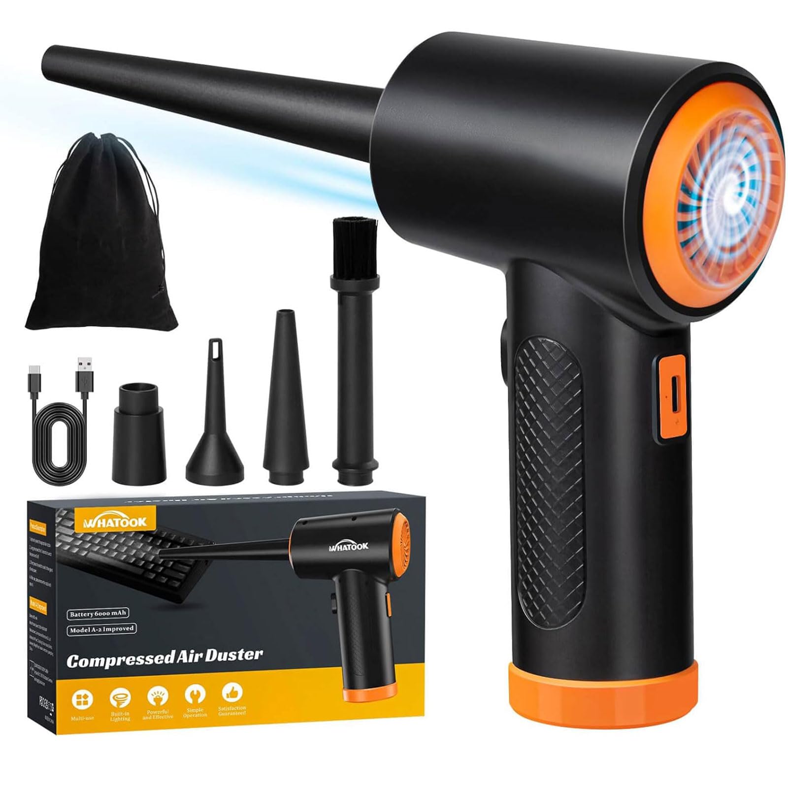 Electric Air Duster for Keyboard Cleaning - 60000 RPM Reusable Compressed Air Can Replacement with 3 Speed Settings & LED Light - Perfect for Electronics, PC, Laptop, Camera Lens and Office Equipment Maintenance