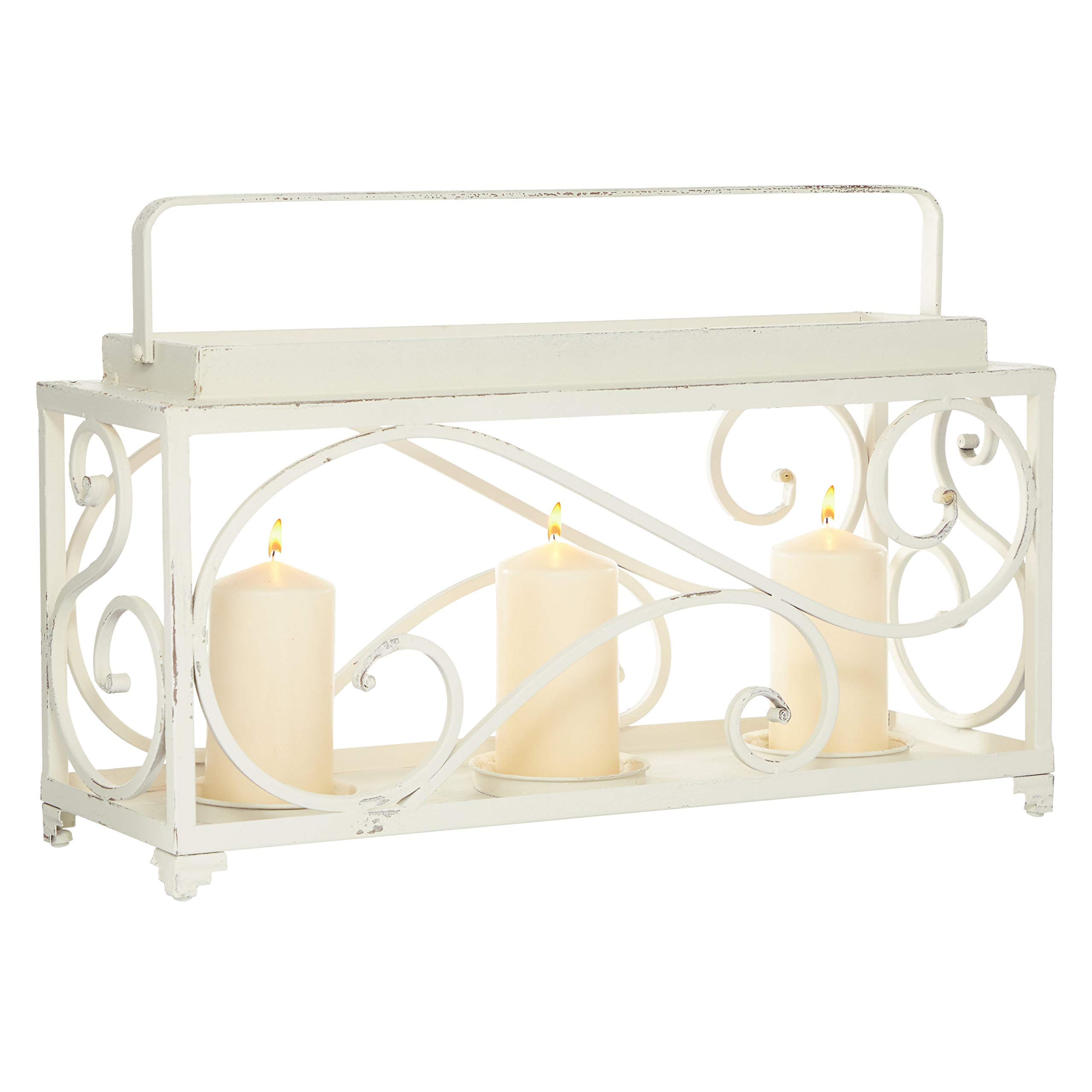 Vintage Style White Metal Candle Holder with Handle - Holds 3 Pillar Candles (24