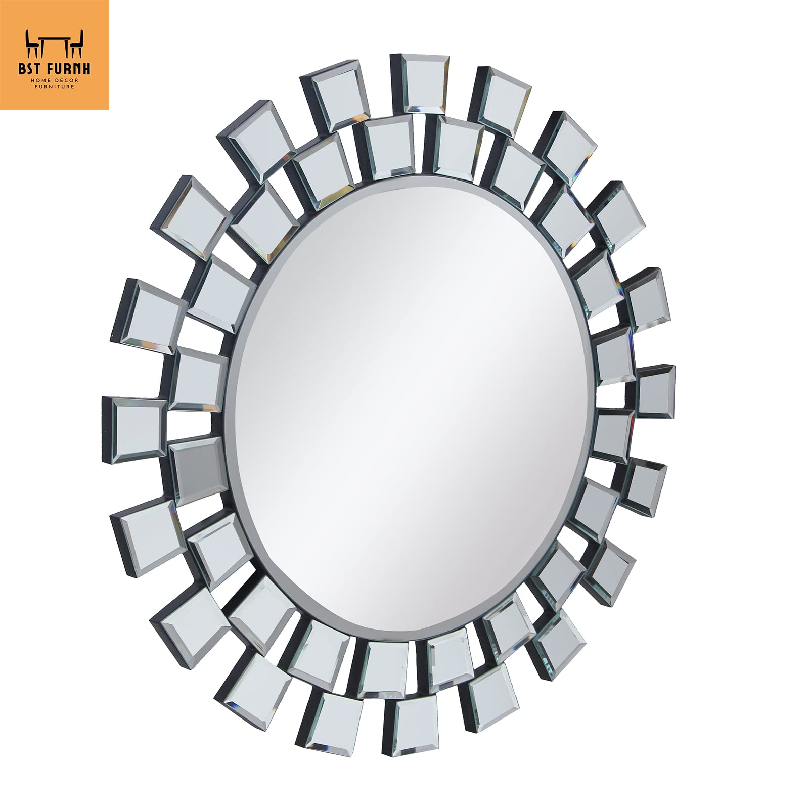 BST FURNH 24 Inch Sunburst Mirror - Round Frameless Wall Decor for Living Room, Bedroom & Bathroom | Elegant Sun Mirror for Home & Office Decoration