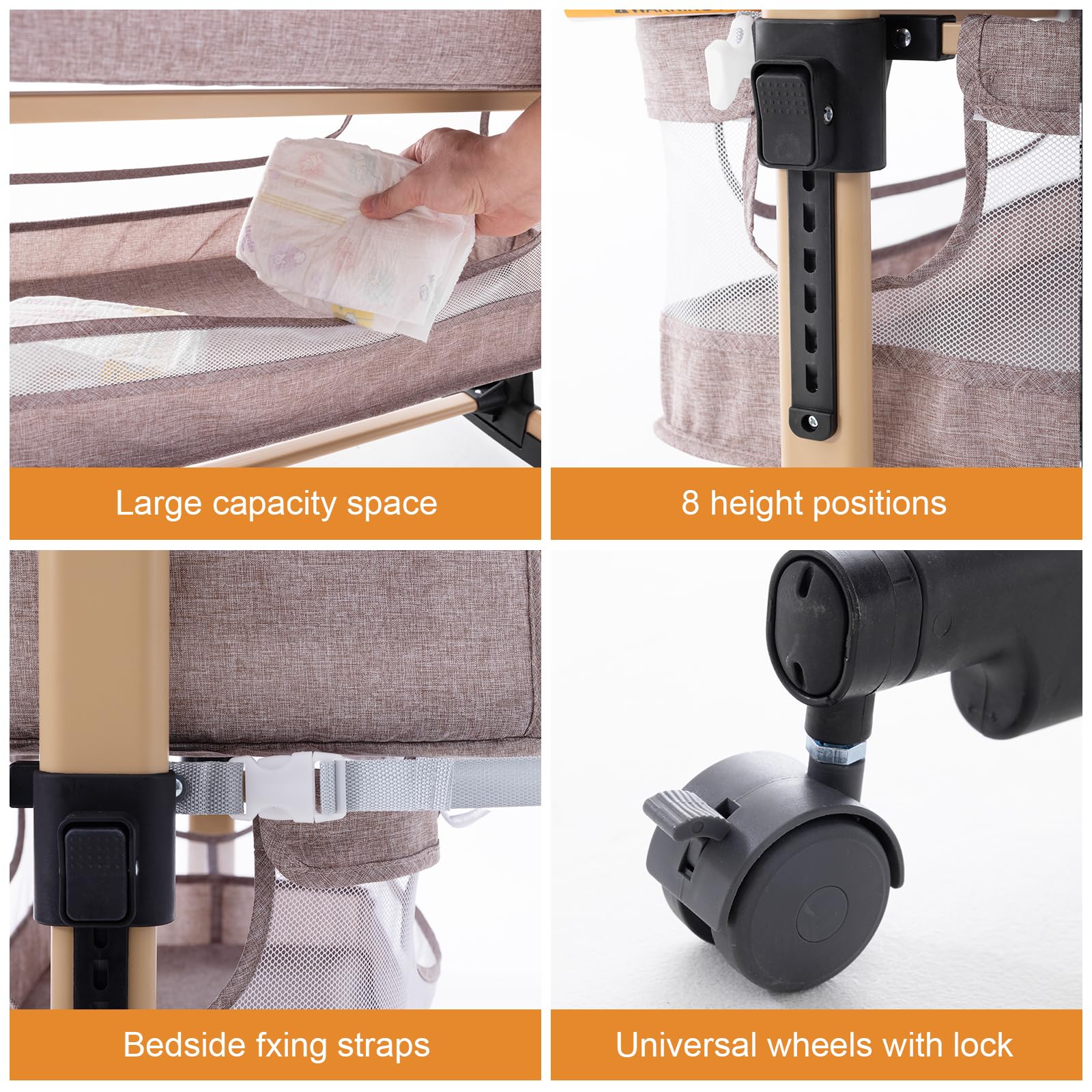 3 in 1 Adjustable Portable Baby Crib & Bassinet - Convertible Bedside Sleeper for Newborns & Infants | Safe & Comfortable Nursery Essential in Khaki | Perfect for Bedroom, Nursery & Travel Use