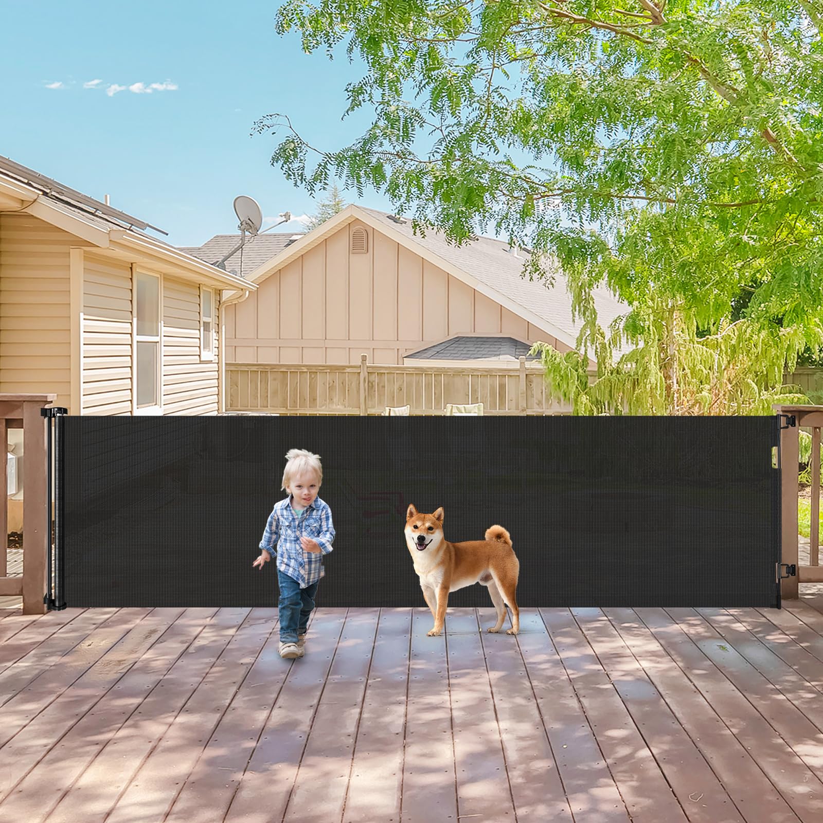 140 Inch Extra Wide Retractable Baby Gate & Dog Gate - Indoor/Outdoor Safety Barrier for Wide Openings, Doorways, Stairs - Black Mesh Pet Fence for Home, Yard, and Travel Use
