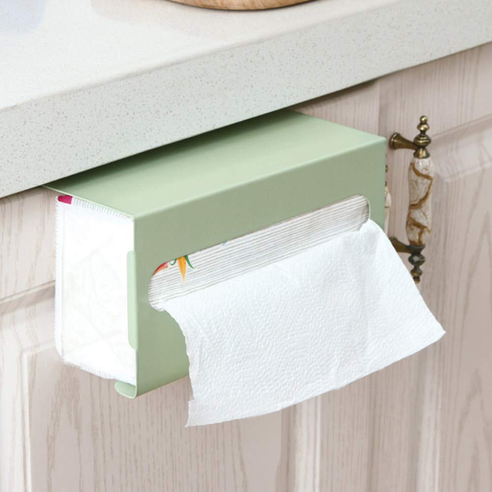 Under Cabinet Paper Towel Holder - Iron Tissue Box Storage Rack for Kitchen, Bathroom & Office - Space-Saving Blue Hanging Organizer for Paper Towels & Tissues - Perfect for Small Spaces & Clutter-Free Countertops