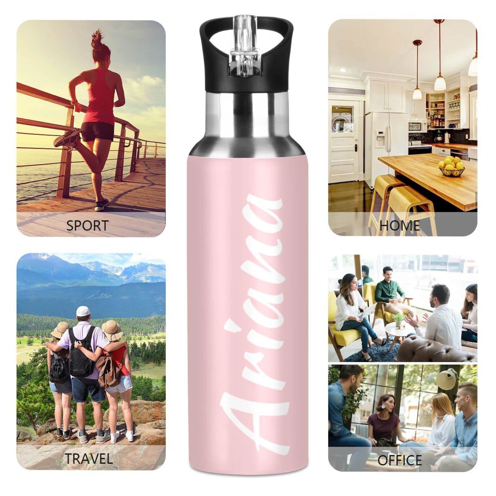 Custom Pink 20oz Insulated Stainless Steel Water Bottle with Straw Lid - Personalized Vacuum Sports Bottle for Hiking, Biking, Gym & Outdoor Activities | Leakproof & Sweatproof Design