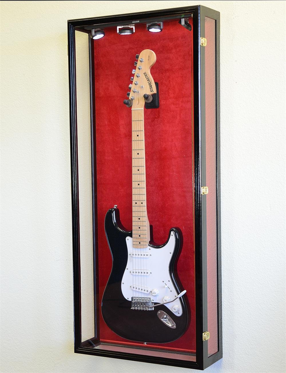 Fender Acoustic Electric Guitar Display Case - Clear View Cabinet Rack Holder with Black Finish & Background | Perfect for Home, Studio & Stage Protection