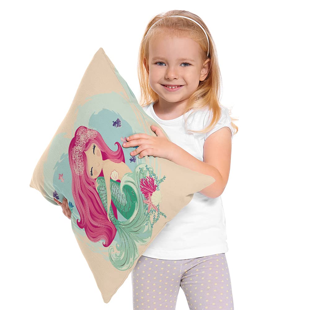 Mermaid Throw Pillow Covers 18x18 Inch - Fantasy Fish Girl & Seashell Design Decorative Cushion Case for Sofa, Bed, Couch - Perfect for Kids Room, Nursery, Beach House Decor
