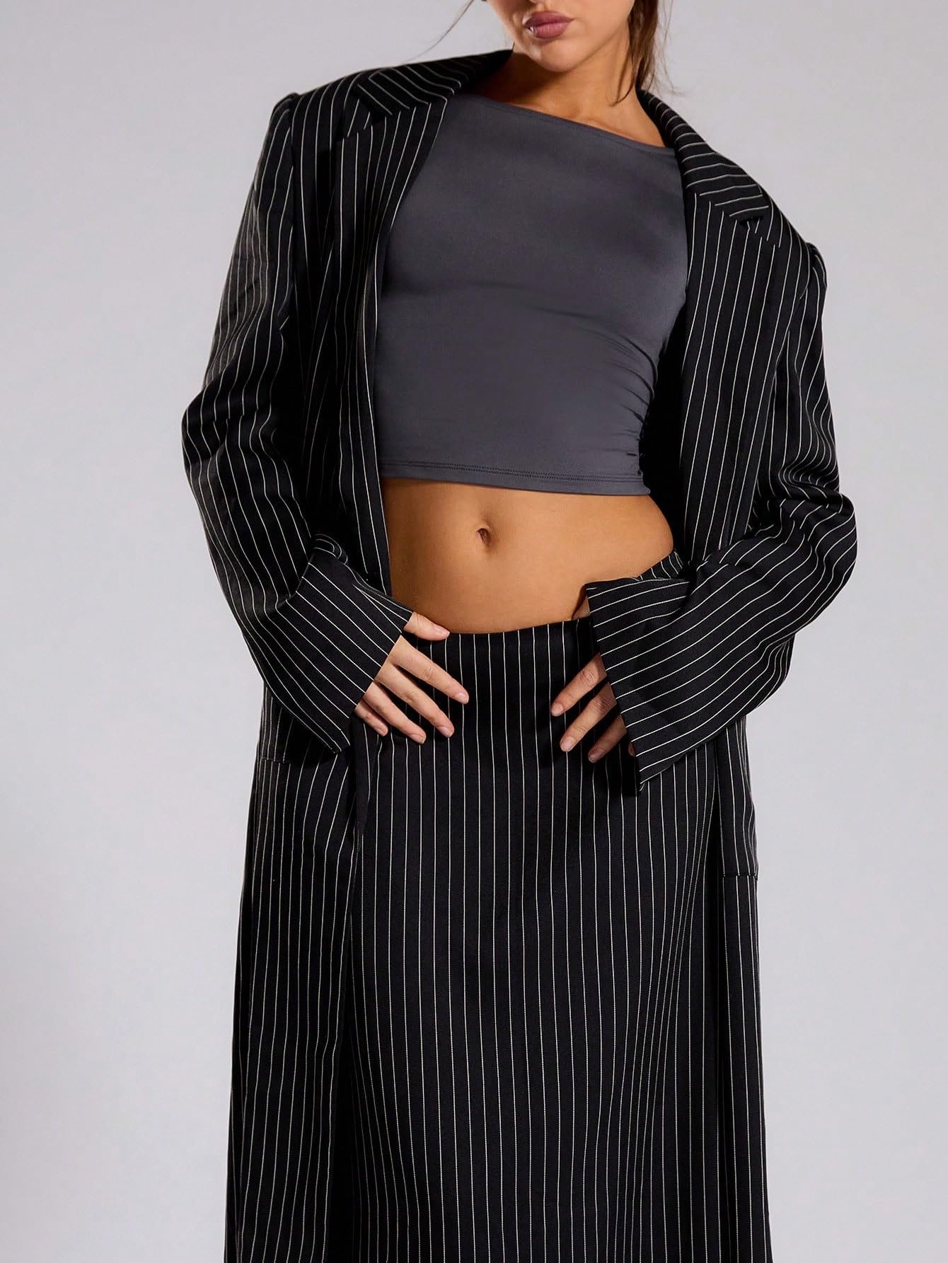 Women's Pinstripe Tailored Maxi Blazer - Dressy Casual Office Wear & Evening Outfits for Business Women