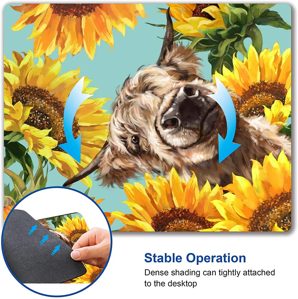 Custom Highland Cow with Sunflowers Mouse Pad - Non-Slip Rubber Base, Waterproof Square Mousepad for Office & Laptop (9.5