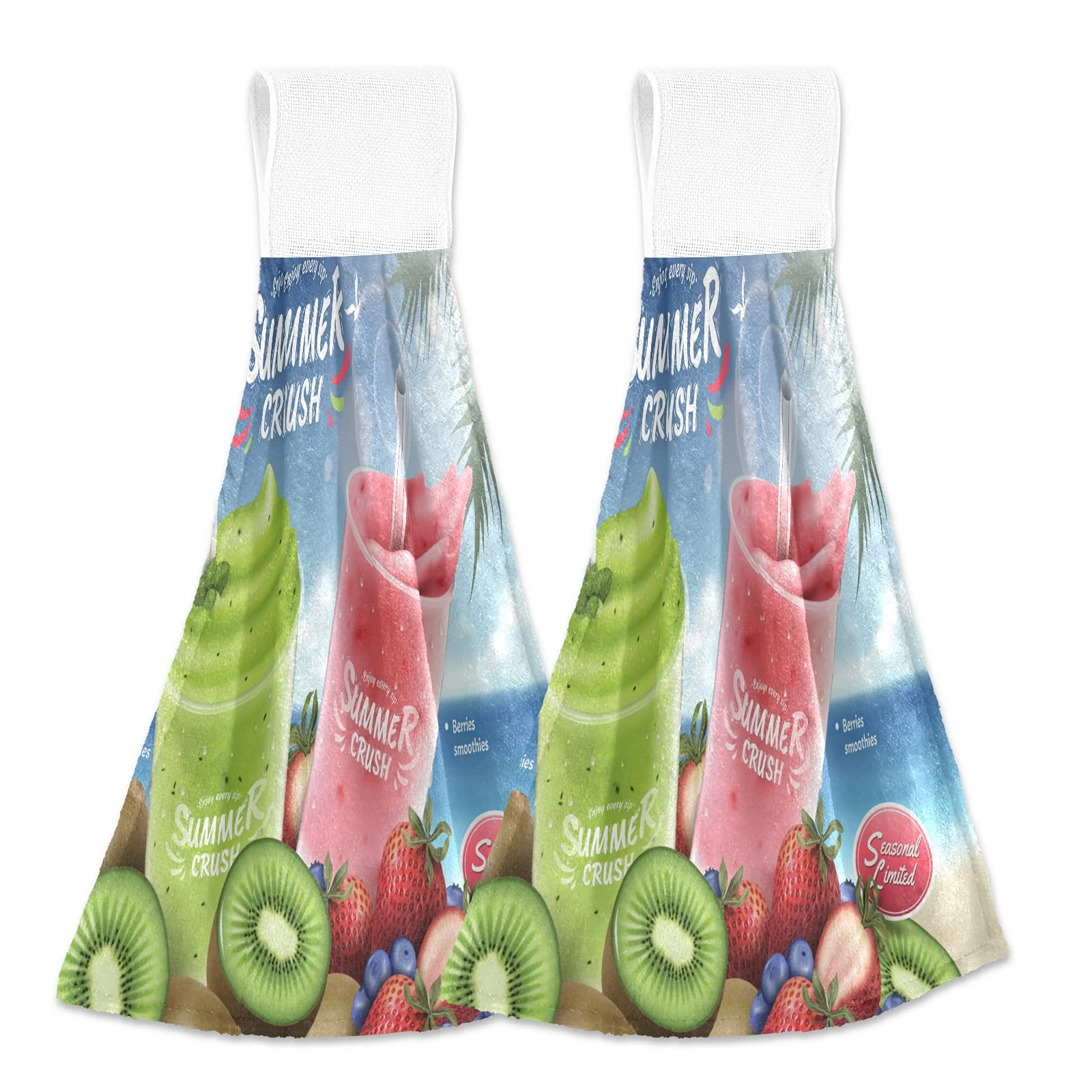 Premium Absorbent Kitchen Towels Set of 2 with Hanging Loop - Fruit & Beach Themed Dish Towels for Cooking, Cleaning, and Decor | Perfect for Kitchens, Picnics, and Outdoor Dining