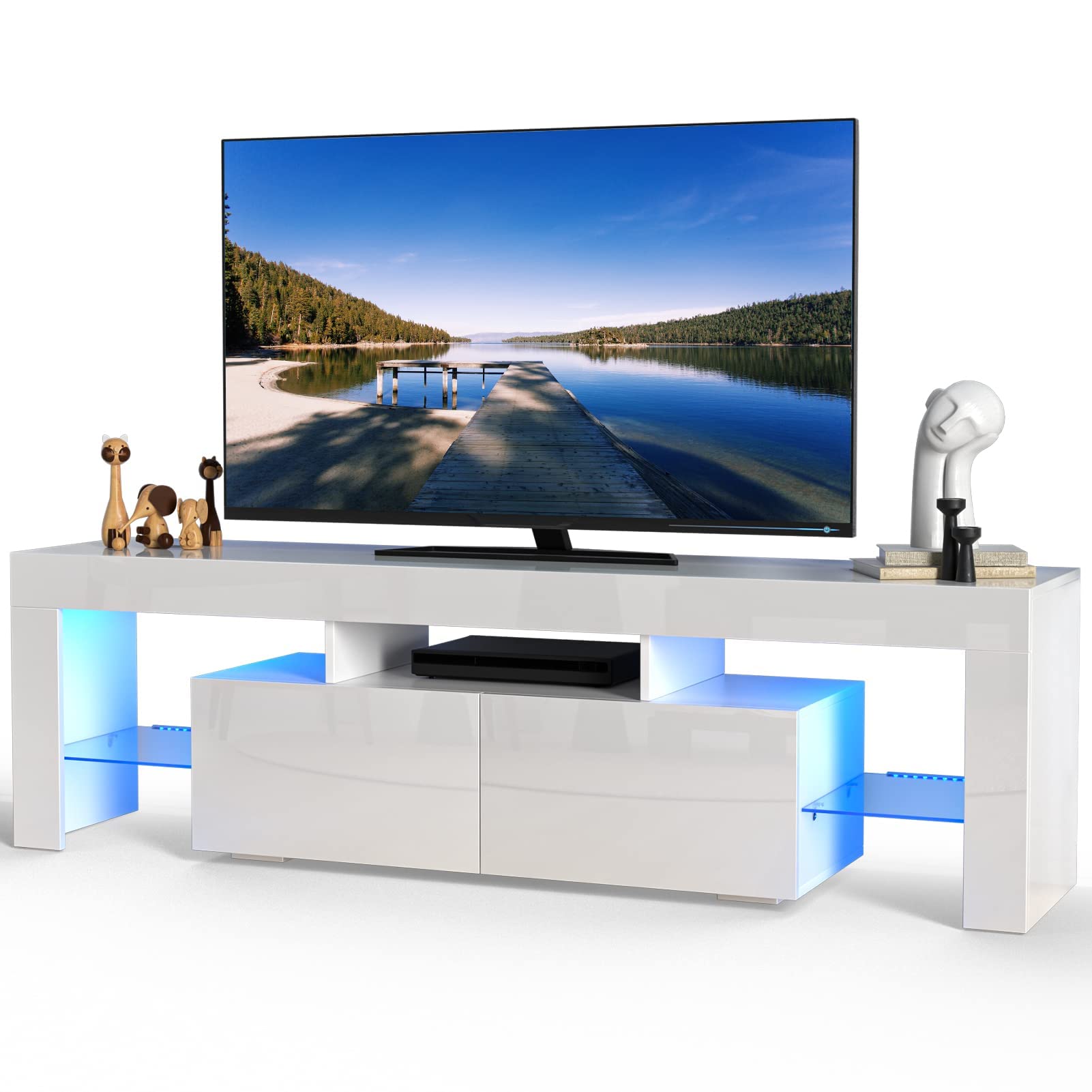 Modern RGB LED TV Stand for 60 65 70 Inch TVs - High Glossy Entertainment Center with Storage Shelves - Media Console for Living Room, Game Room & Bedroom (63
