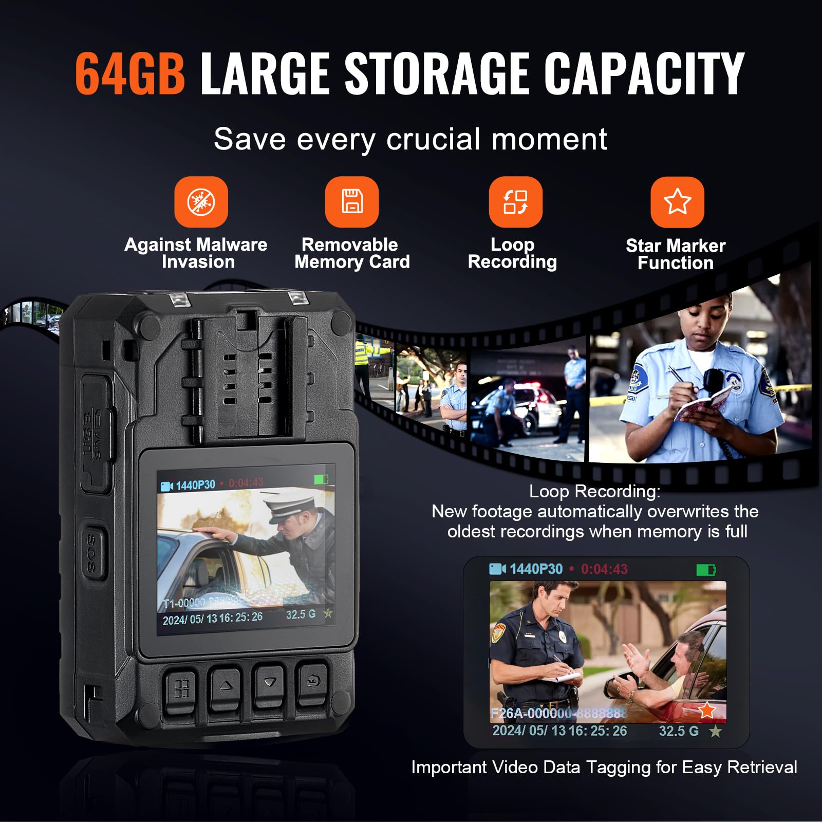 VEVOR 1440P HD Police Body Camera with Audio Video Recording, 64GB Storage, 3500mAh Battery, 2