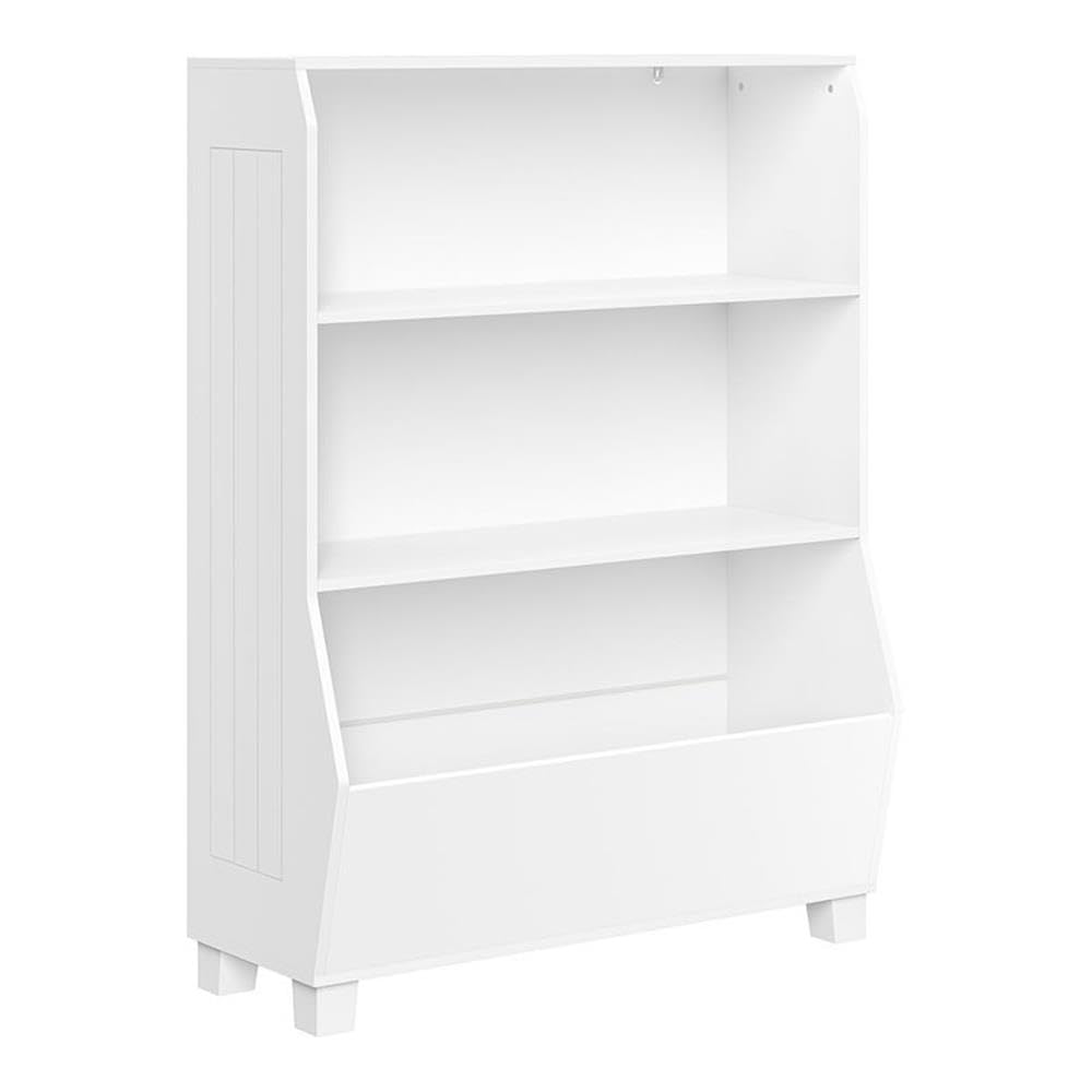 RiverRidge White Kids Bookshelf with Storage Bins - Toy Organizer & Book Shelf with 2 Open Shelves and Spacious Veggie Bin - Perfect for Nursery, Playroom, and Classroom Storage of Books, Toys, Games, and Puzzles