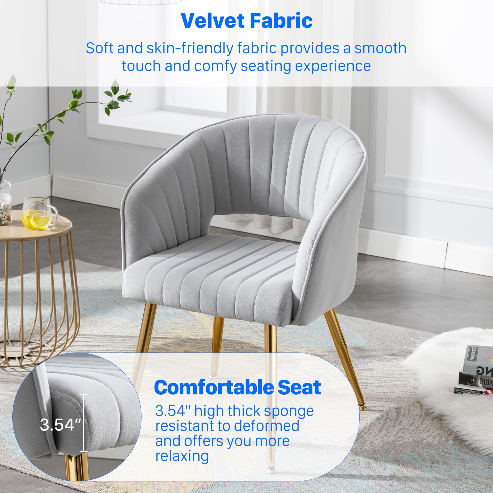 Velvet Desk Chair with Gold Legs - Modern Tufted Home Office Chair for Women, Ergonomic Computer Task Stool, Accent Armchair for Study & Living Room (Light Gray) - Perfect for Home Office, Study Nook & Cozy Reading Corner
