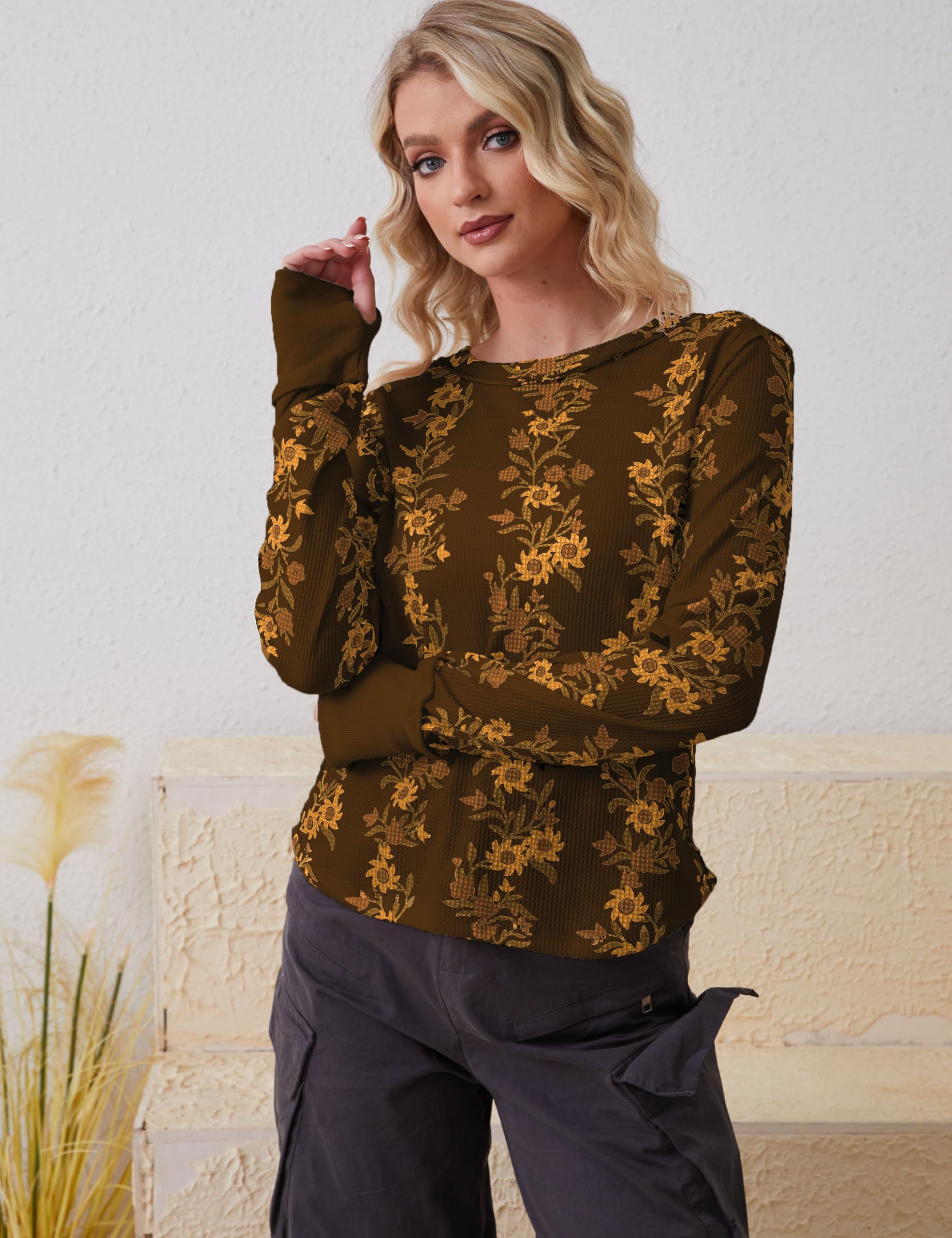 Women's Long Sleeve Waffle Knit Pullover Shirt - Floral Print Crew Neck Casual Top for Fall & Winter | Perfect for Work, Date Night & Weekend Outfits