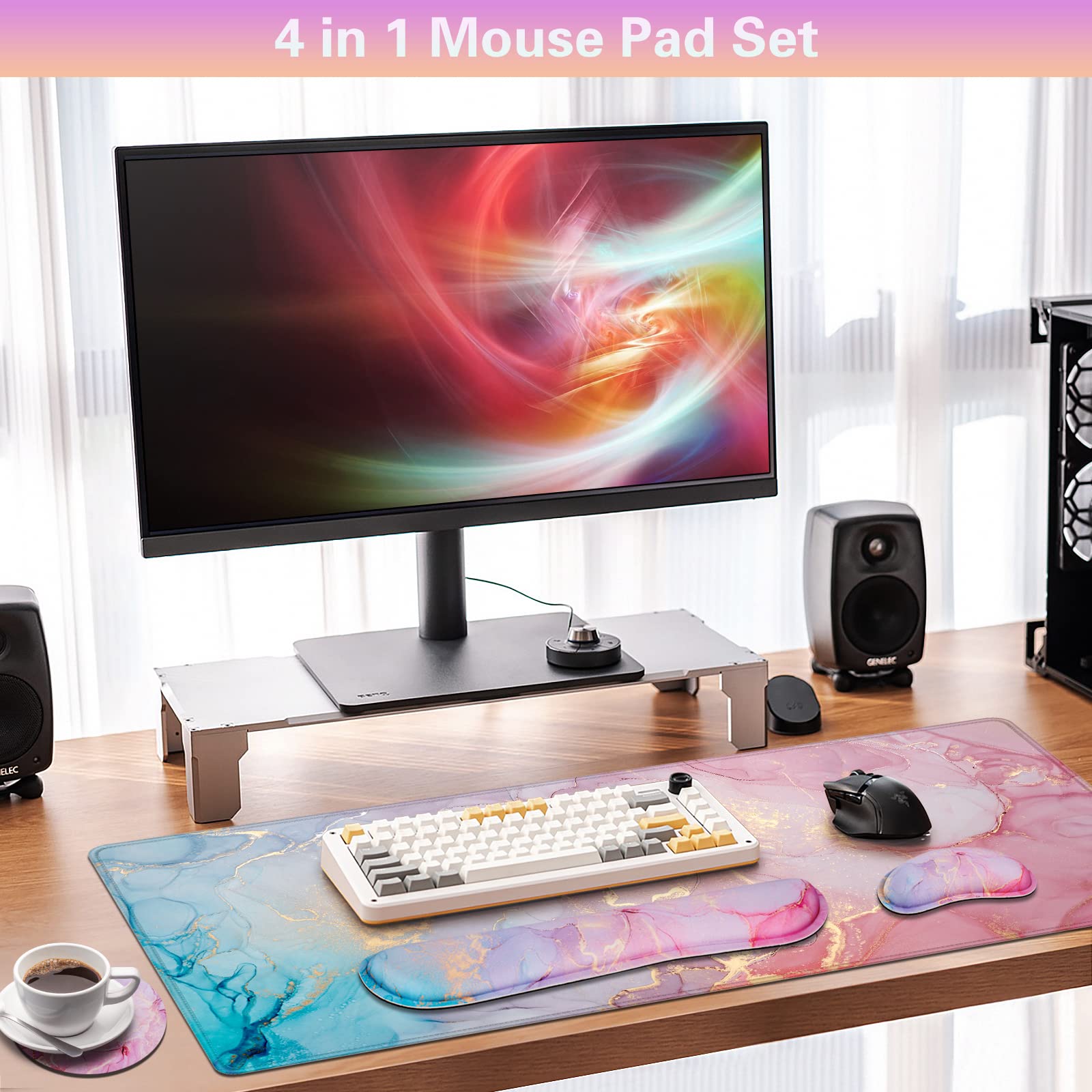 Canjoy 4-in-1 XXL Gaming Mouse Pad Set (35.4×15.7 in) - Extended Desk Mat with Keyboard Wrist Rest & Coaster - Memory Foam Non-Slip Surface for PC, Laptop, Gaming Setup - Perfect for Home Office, Workstation & Esports Gaming